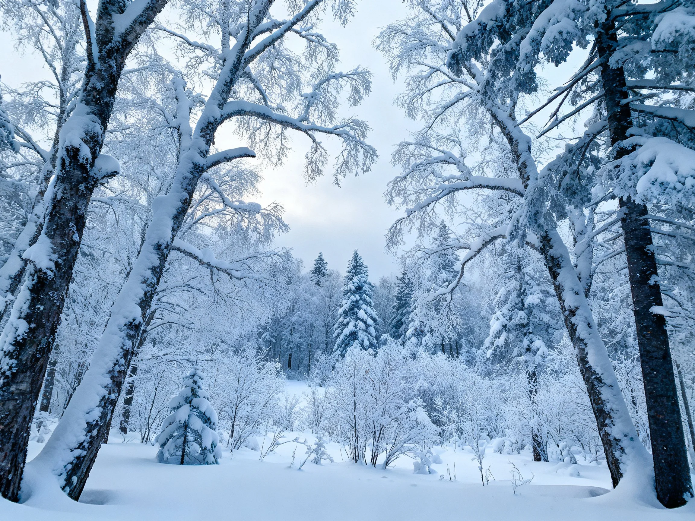 Snow-laden trees fill a serene winter forest landscape