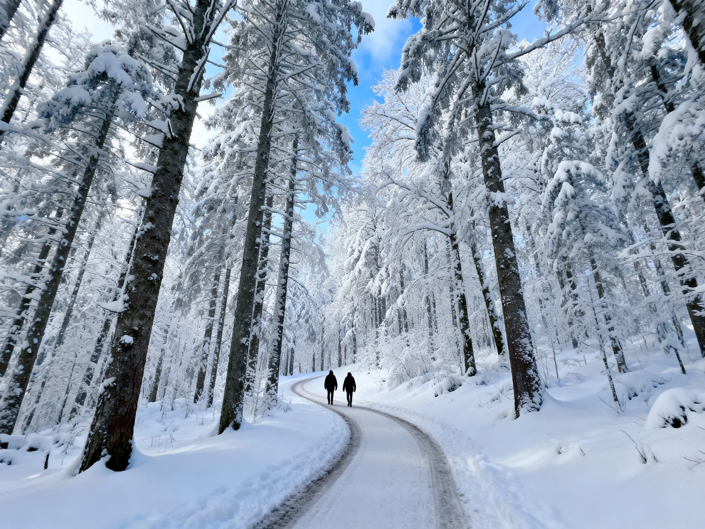 Snow-laden trees surround a winding path with two walkers