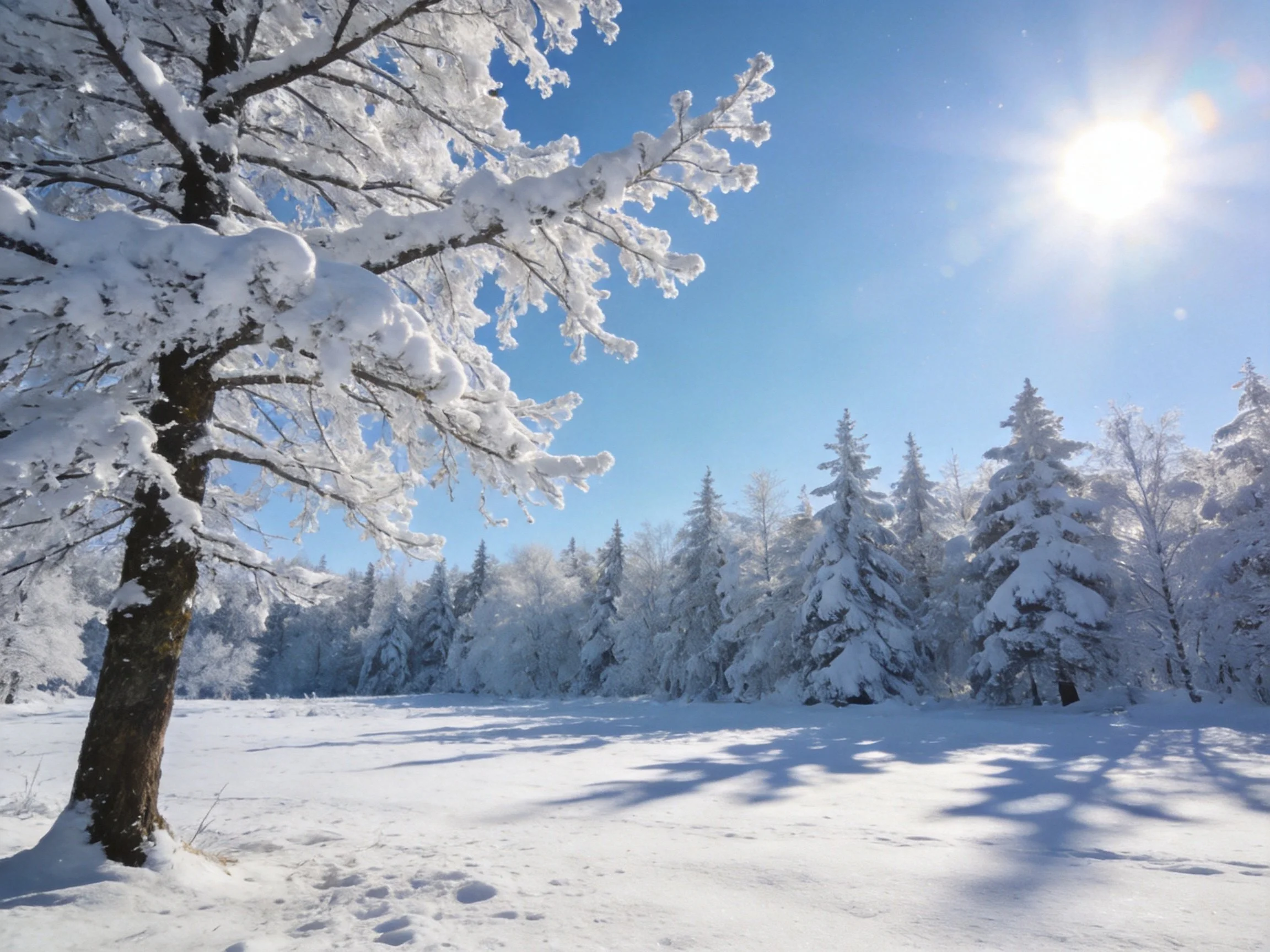 Snow-laden trees under a clear blue winter sky