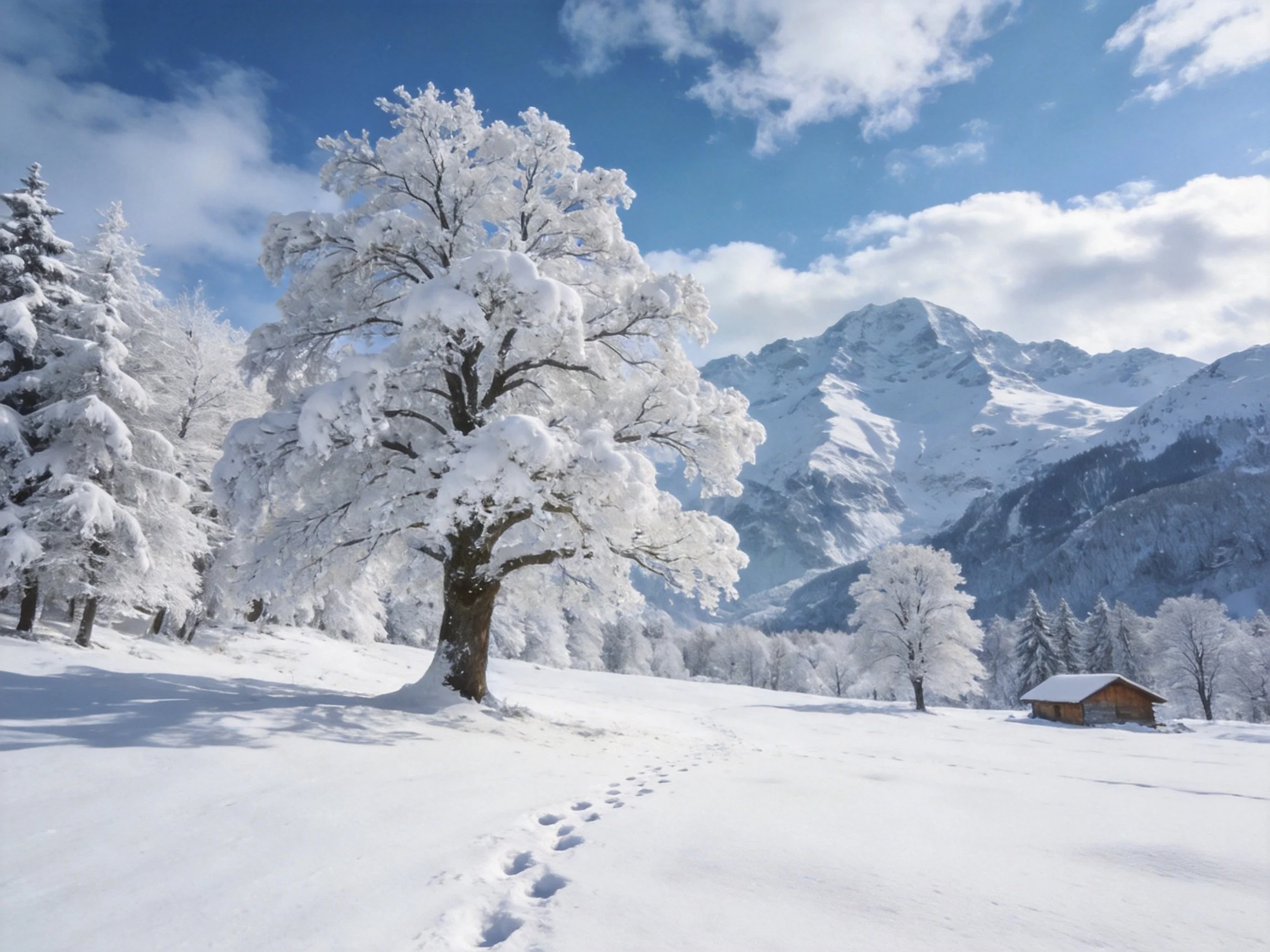 Snow-laden trees, wooden cabin, and mountain peaks under bright blue sky