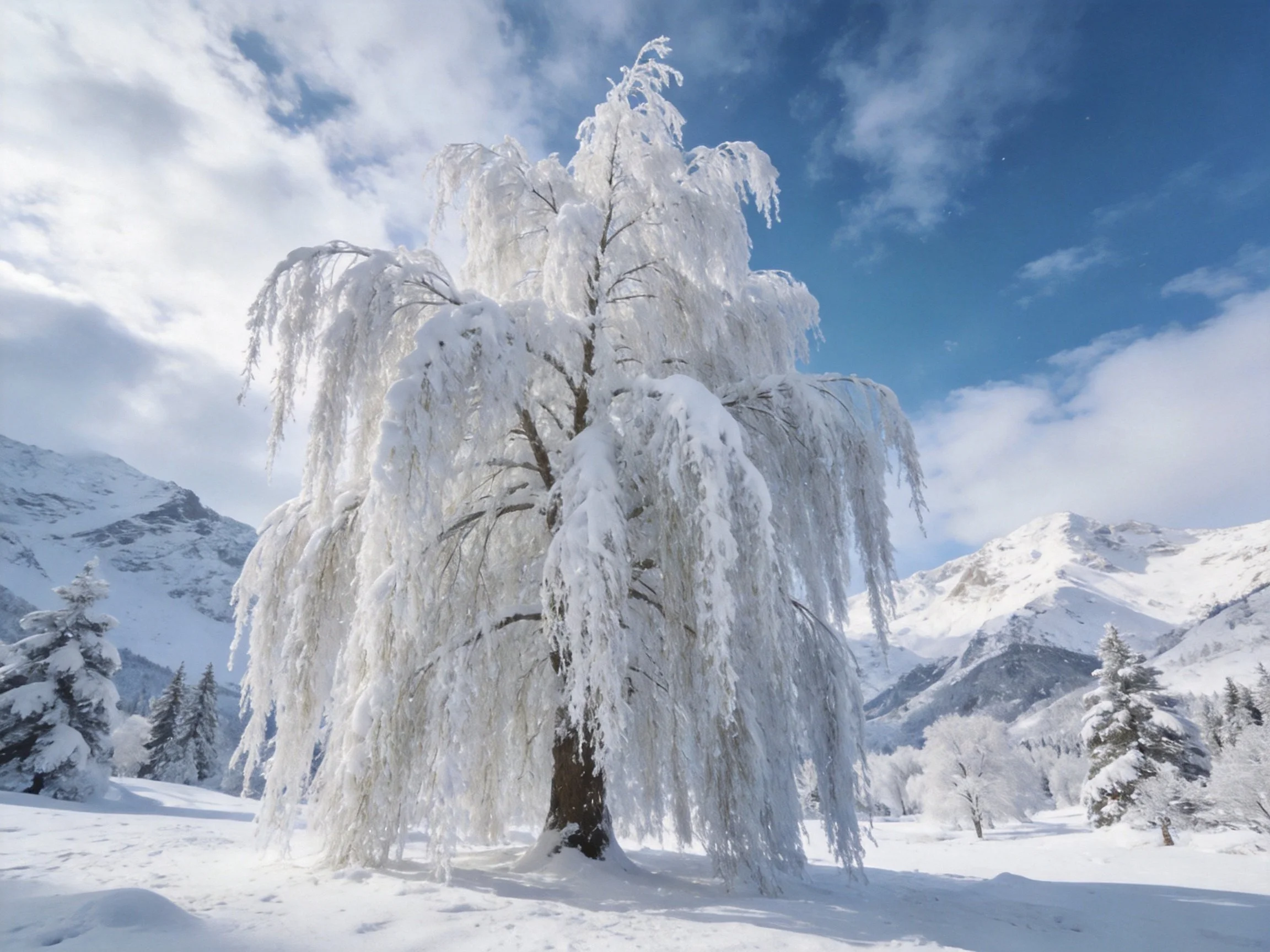 Snow-laden weeping tree in snowy mountainous winter landscape