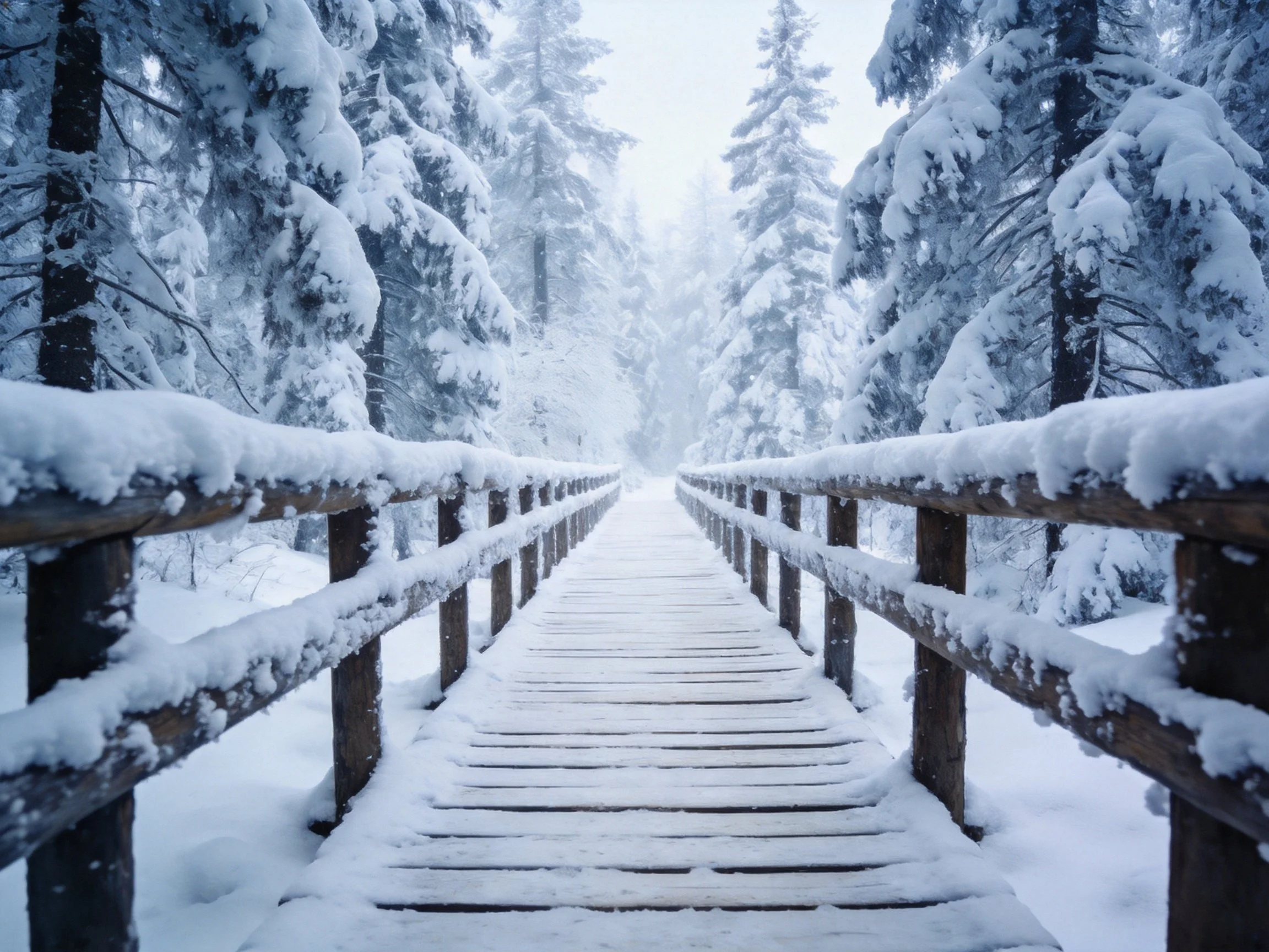 Snow-laden wooden bridge extends into frosty evergreen forest