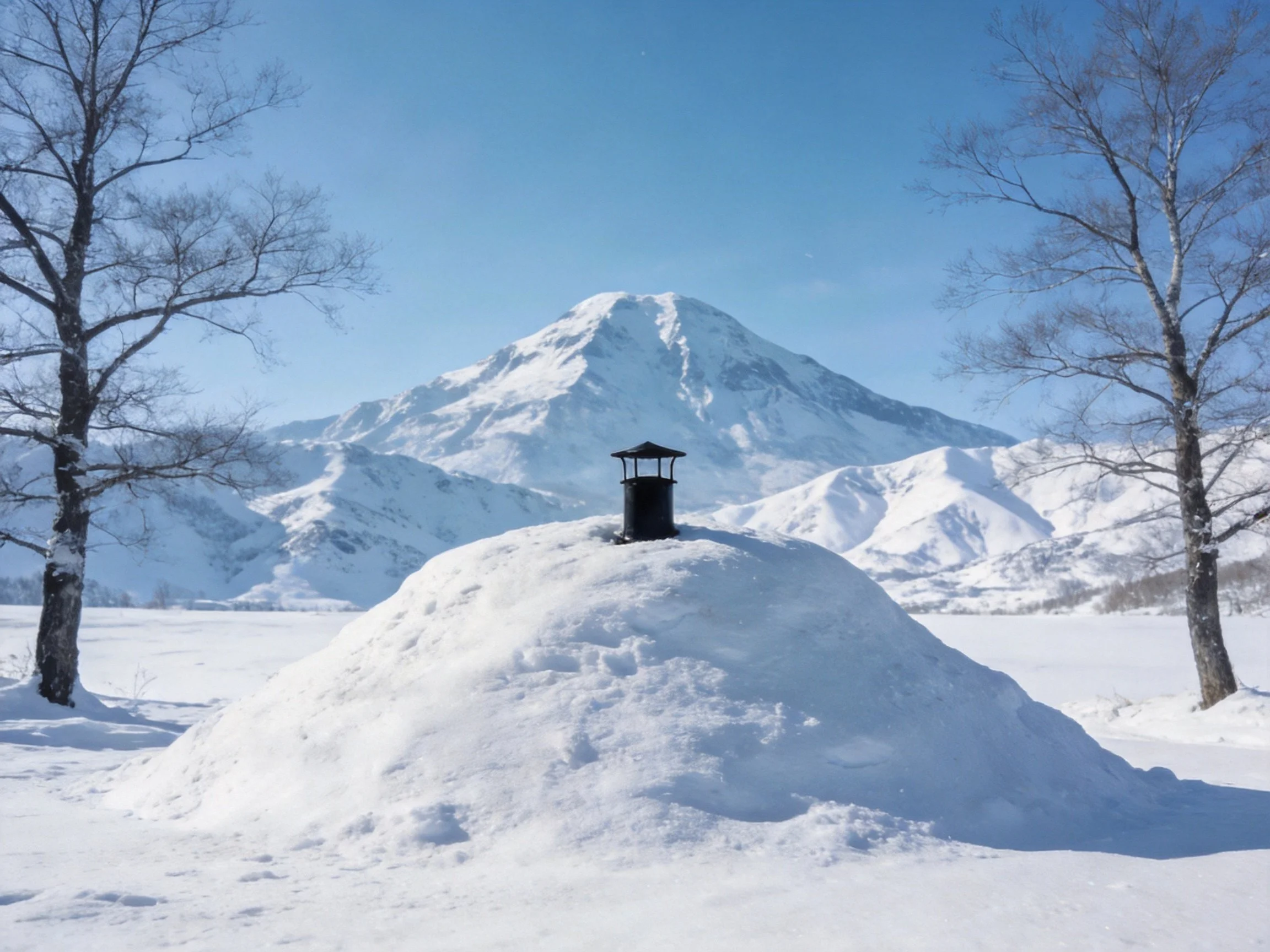 Snow mound with lantern near snowy mountain landscape