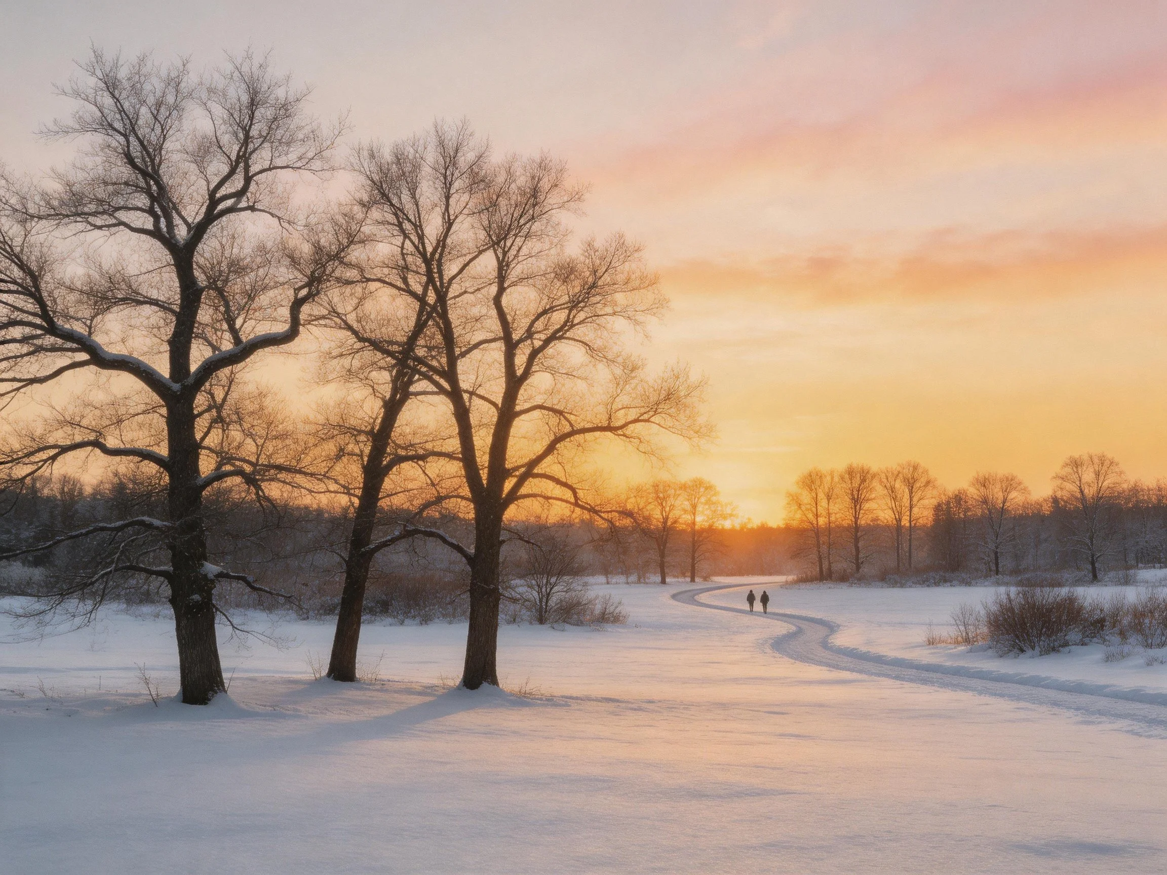 Snowy Field with Bare Trees and Sunset Path