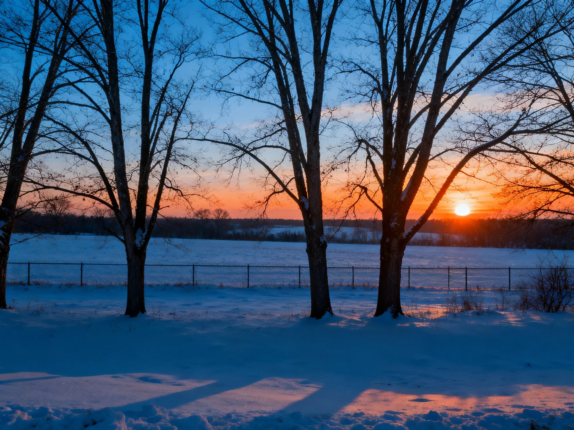 Snowy Field with Bare Trees at Vibrant Sunset
