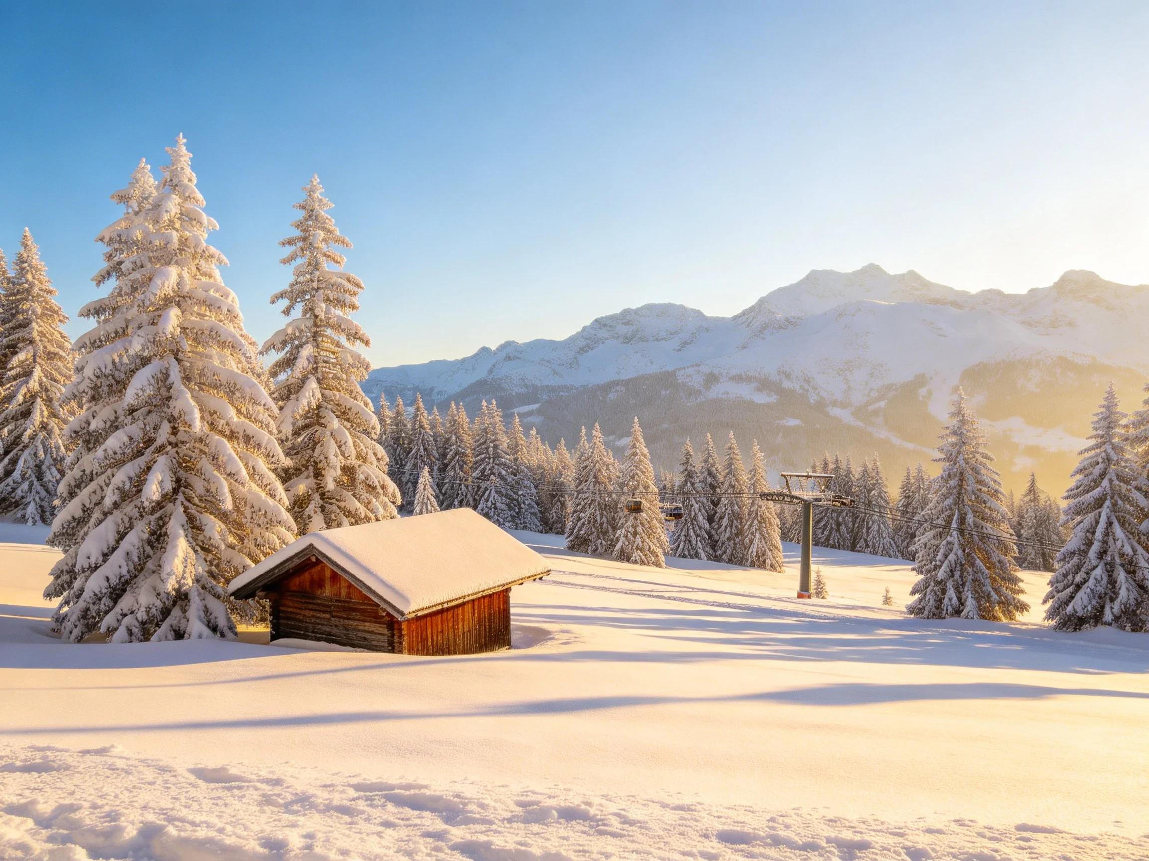 Snowy Forest Cabin with Frost-Laden Pines and Mountain View