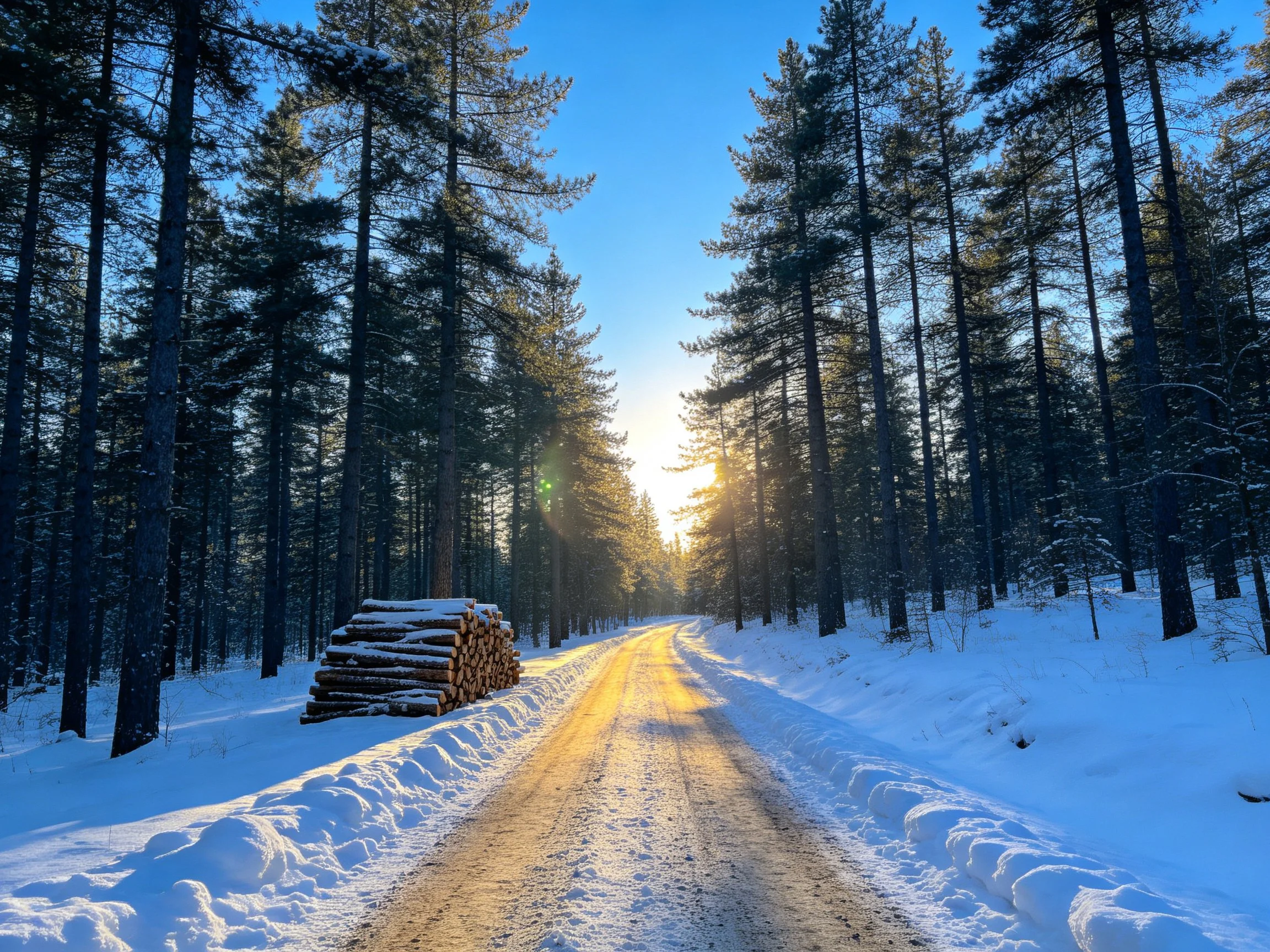 Snowy Forest Path With Sunlit Logs and Tall Pine Trees