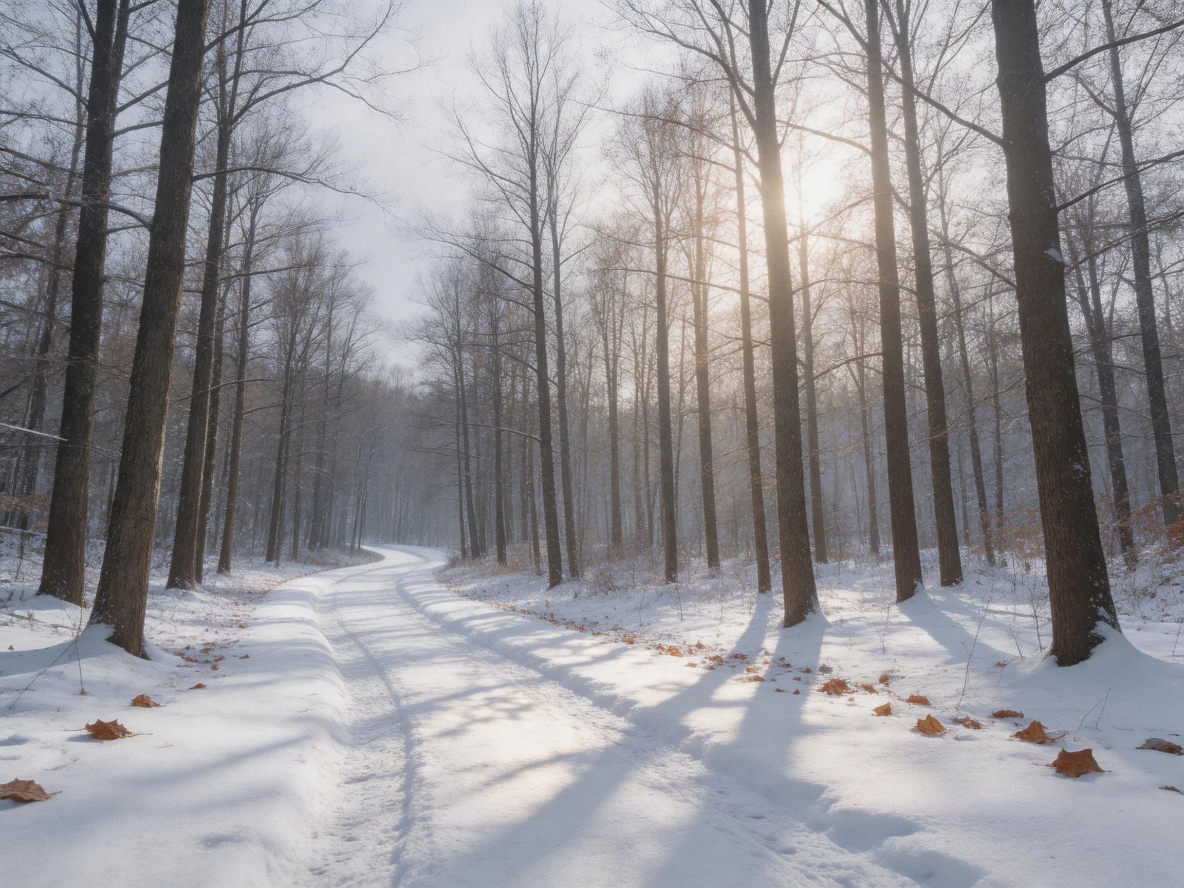 Snowy Forest Path With Tall Bare Trees Under Sunlight