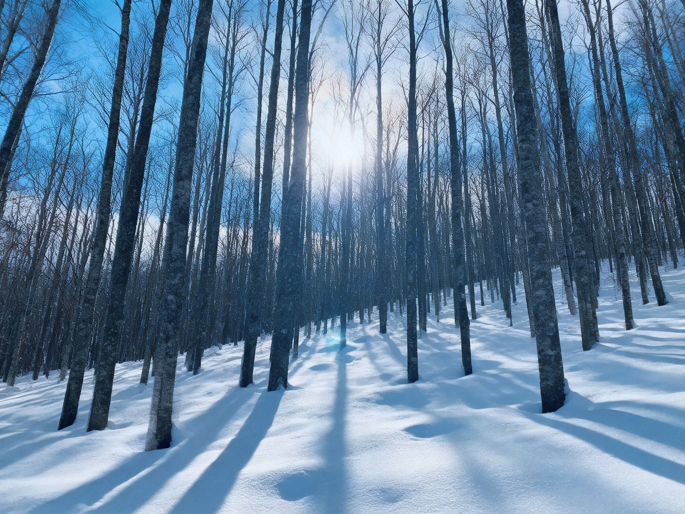Snowy Forest with Tall Leafless Trees Under Bright Sunlight