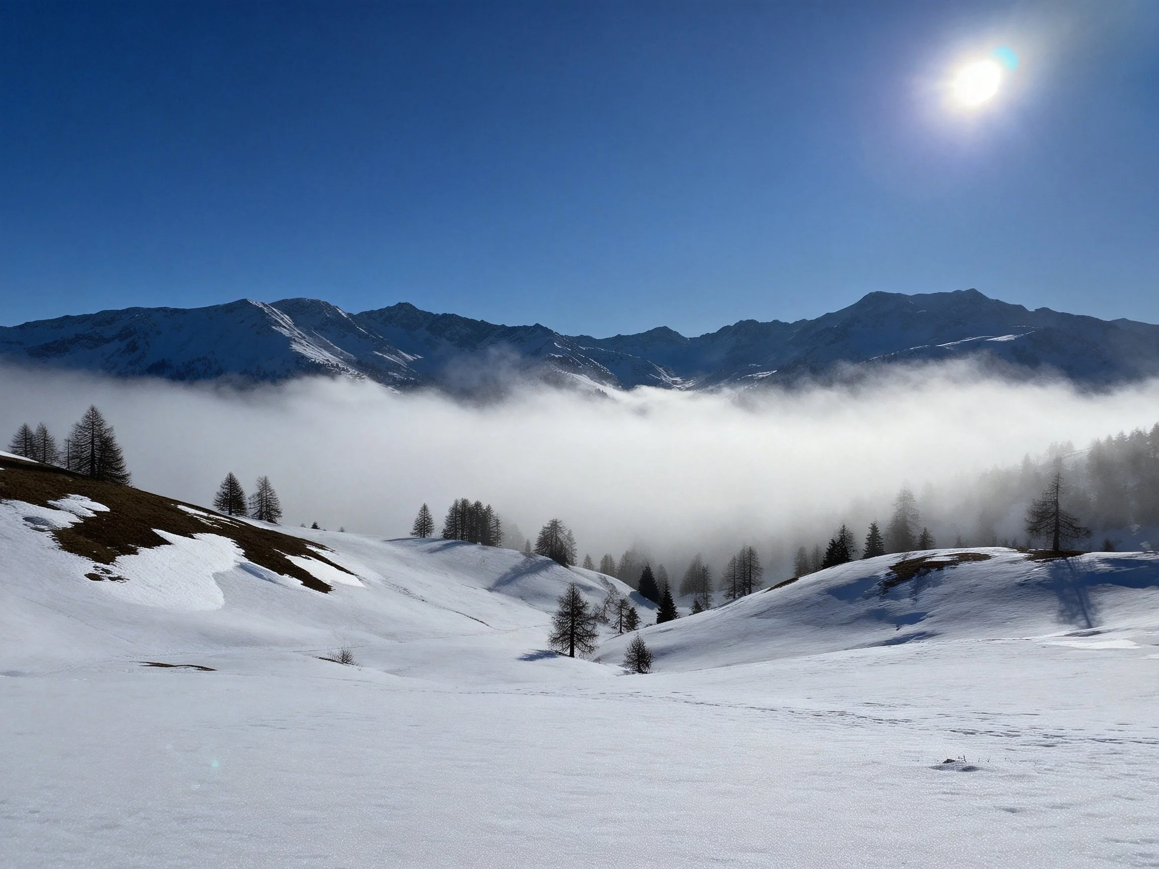 Snowy Hills, Misty Valley, Mountain Peaks Under Bright Sun