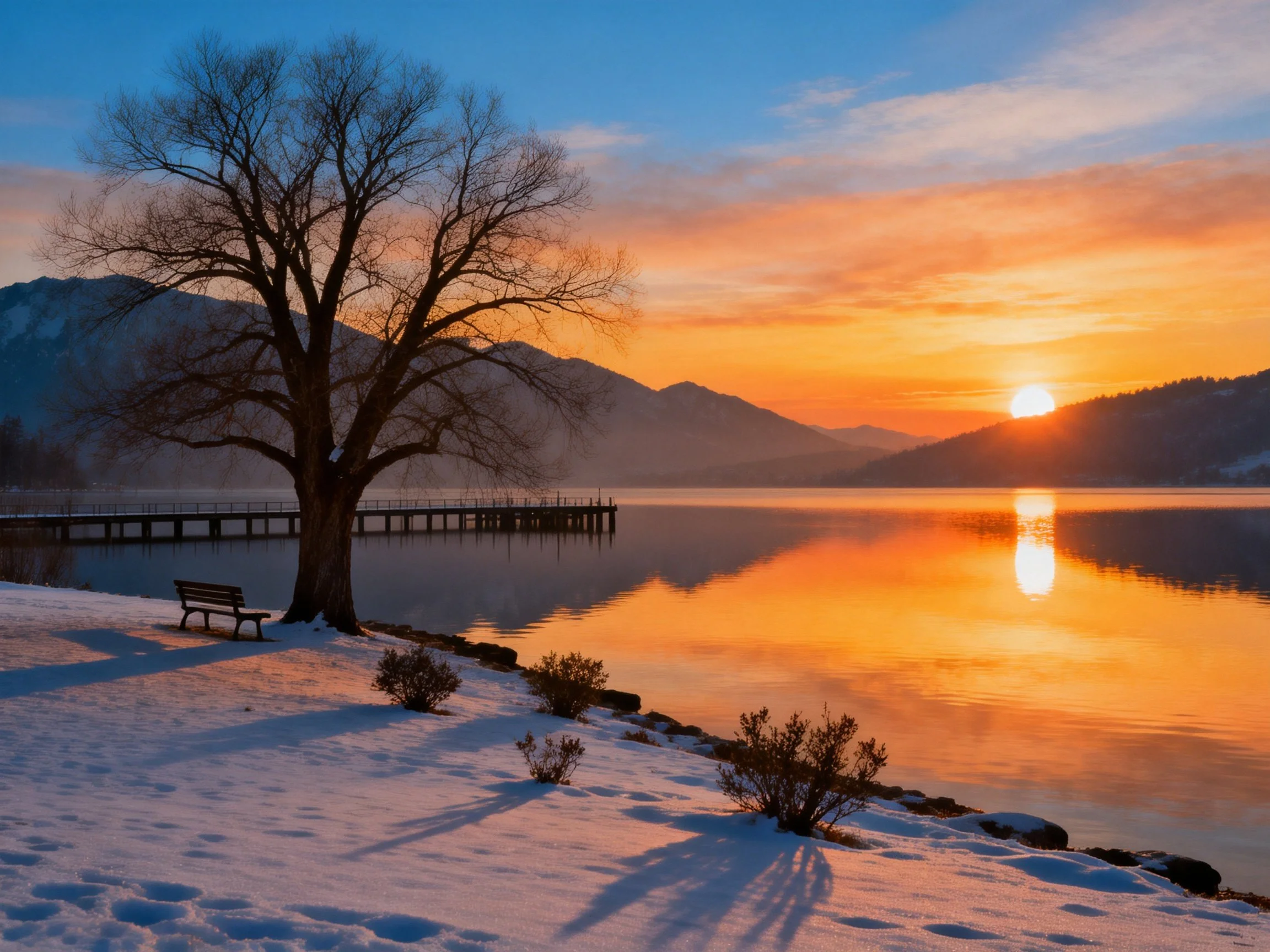 Snowy Lakeshore Sunset with Bare Tree and Pier Reflection