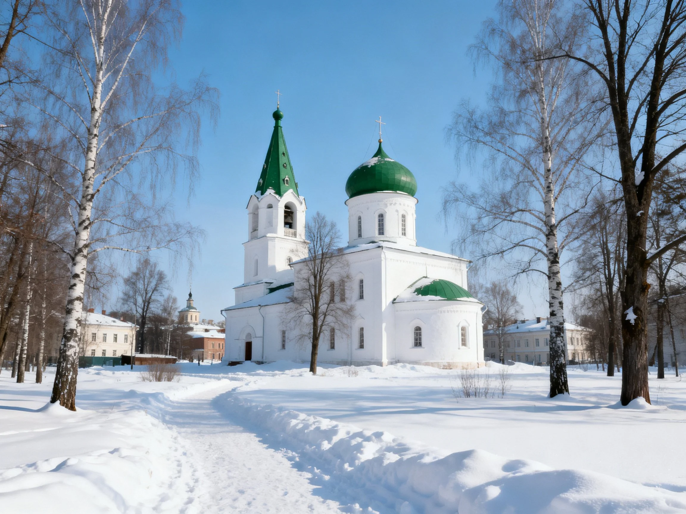 Snowy Landscape with White Church and Green Domes
