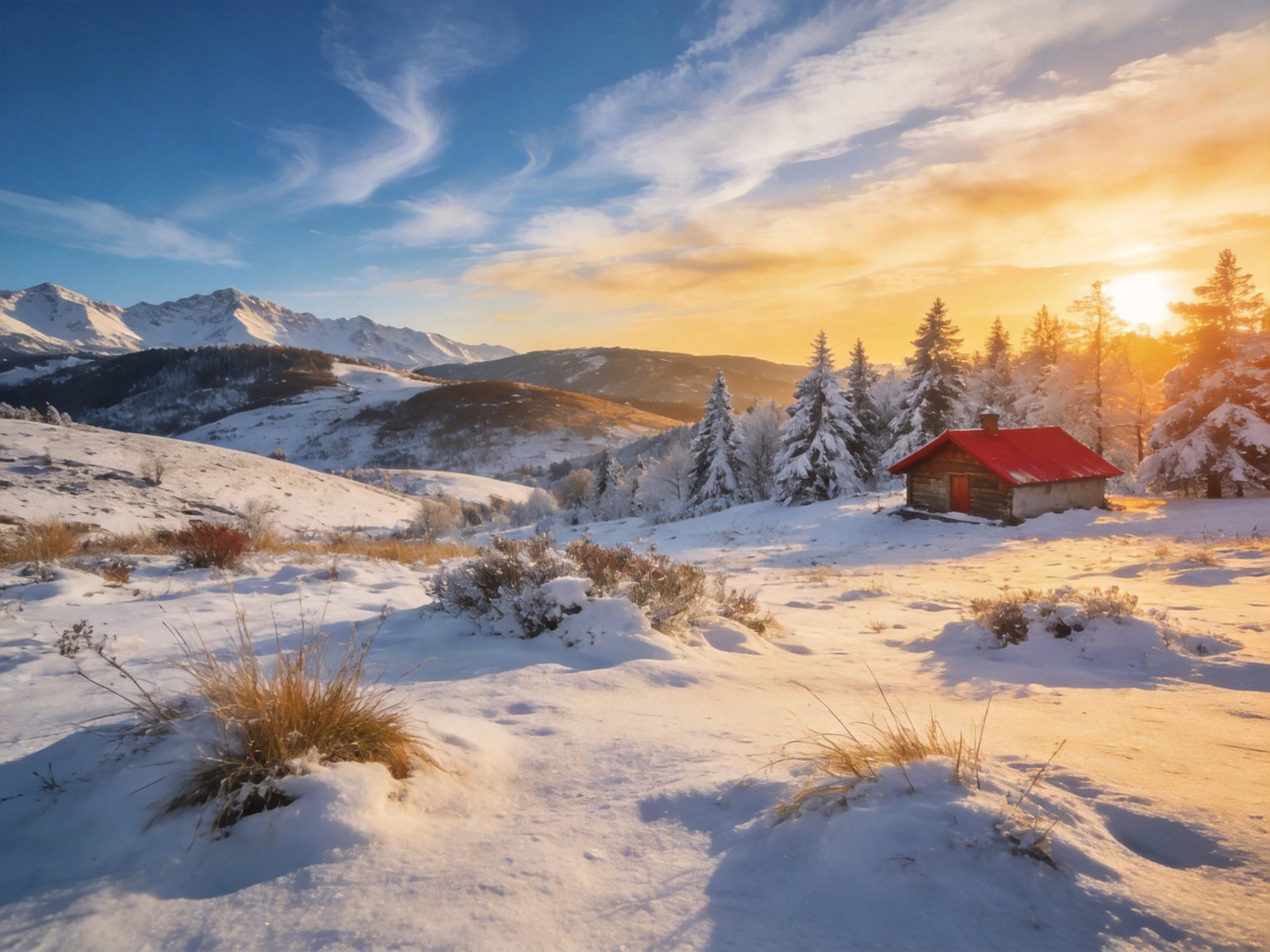 Snowy Mountain Landscape With Red-Roofed Cabin Among Evergreens