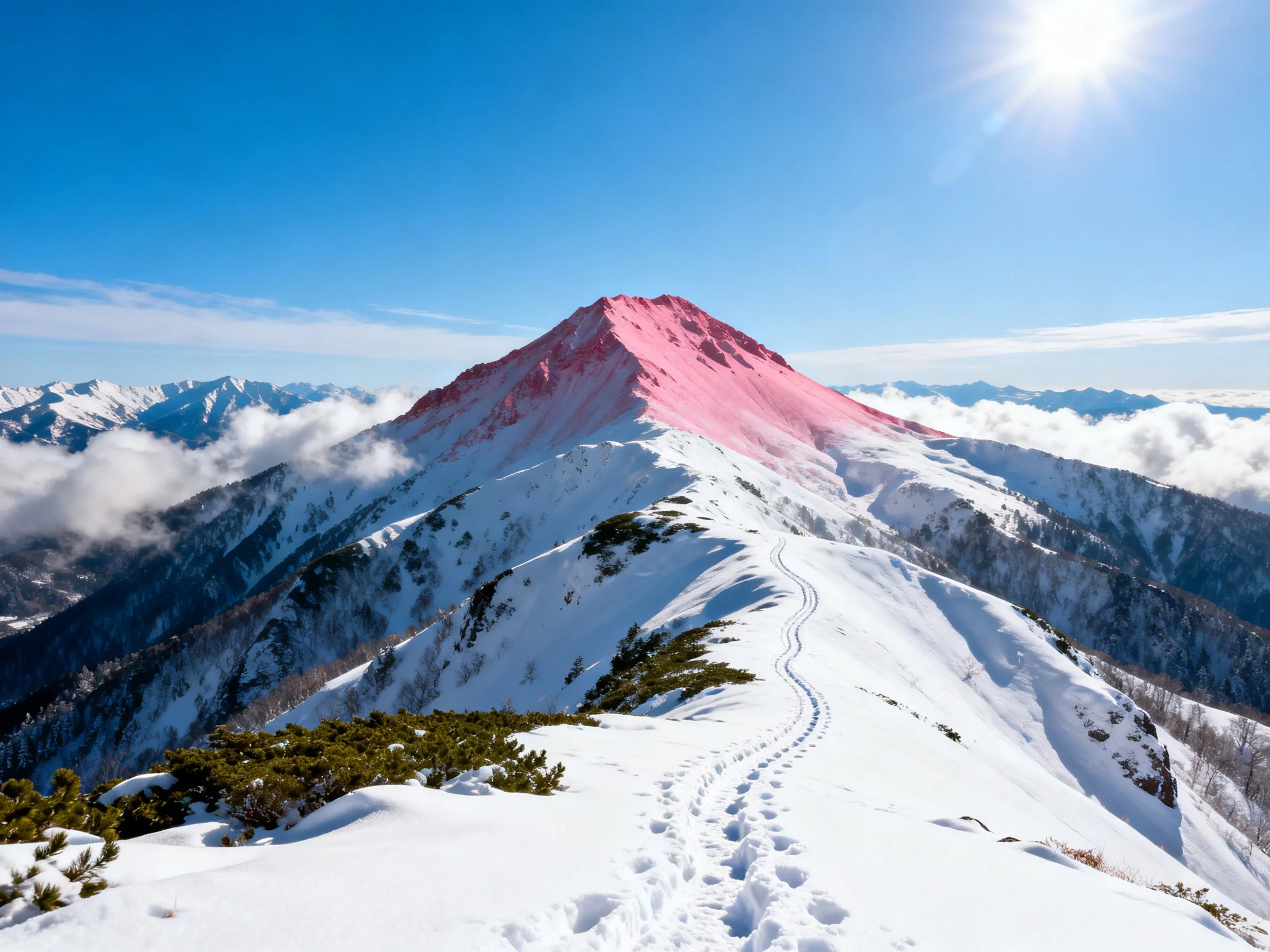 Snowy Mountain Peak with Pink Summit Under Clear Blue Sky