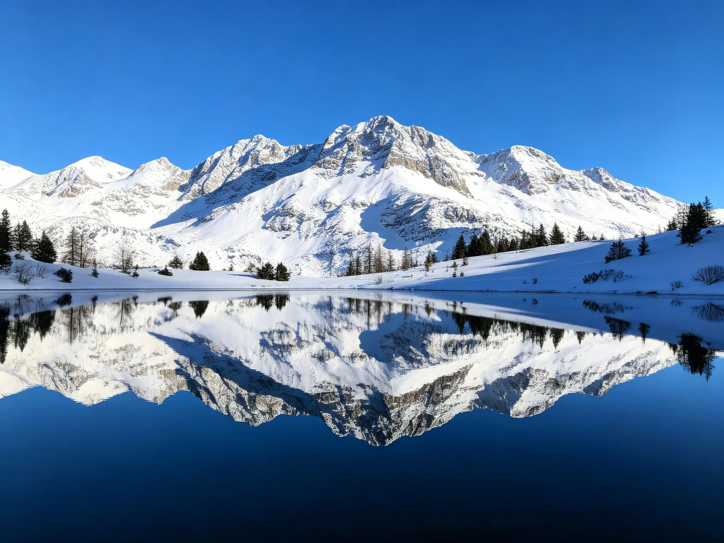Snowy Mountain Peaks Reflecting in Still Lake Under Clear Blue Sky