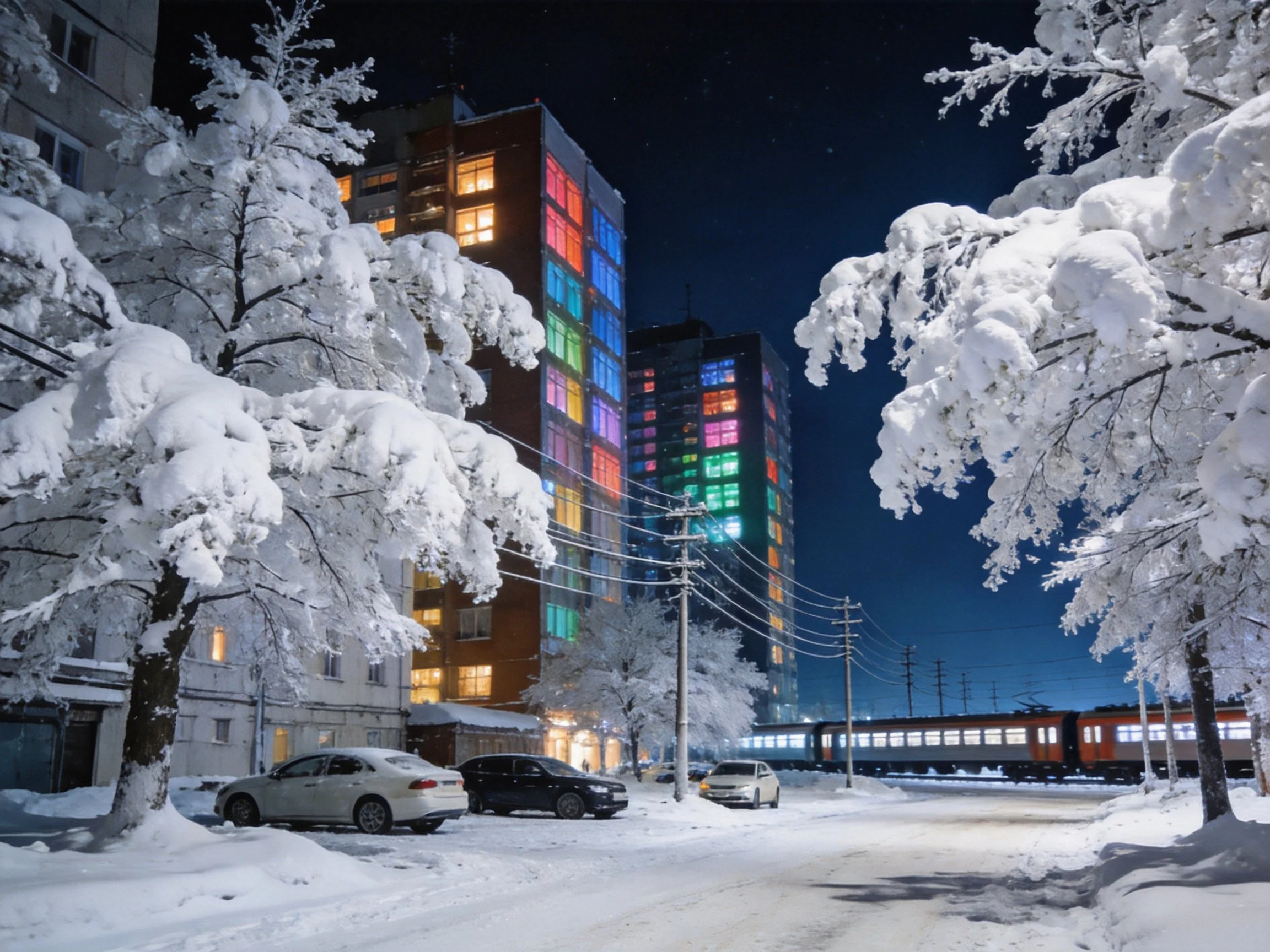 Snowy Night Urban Scene with Colorful Lit Buildings