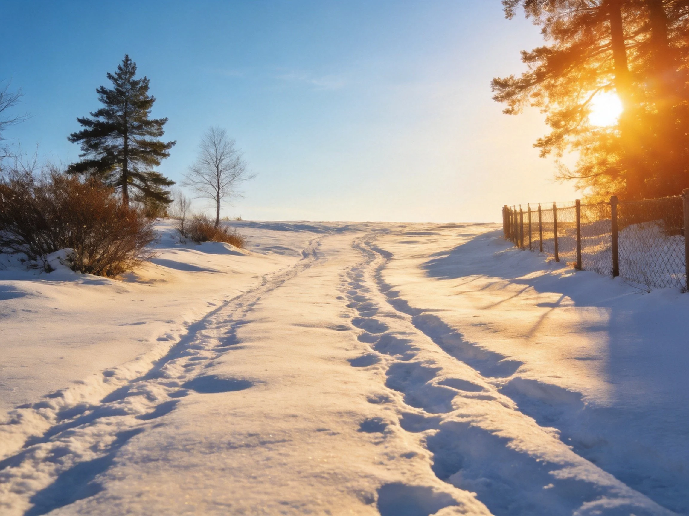 Snowy Path with Footprints Under Golden Sunlight