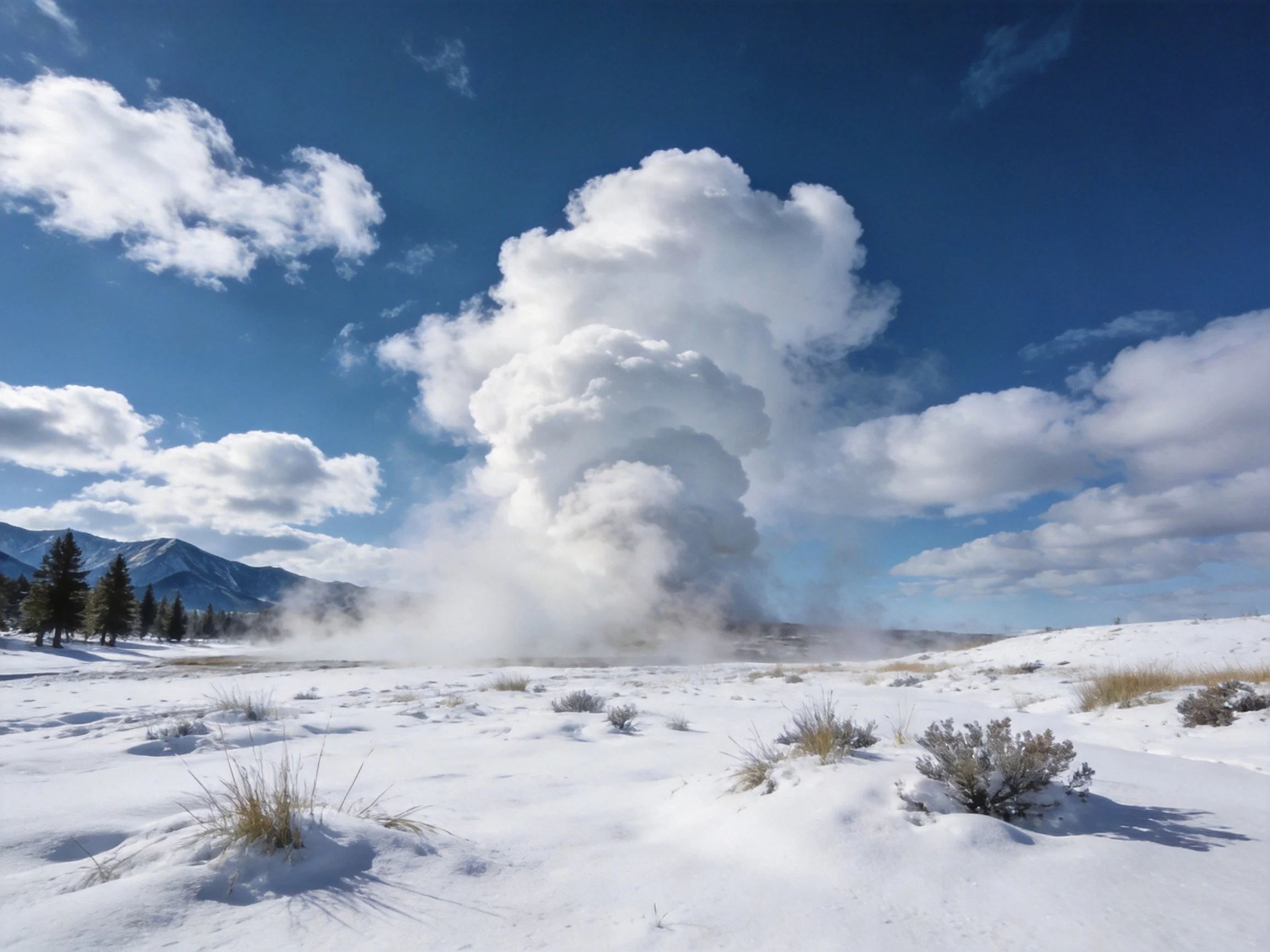 Snowy Terrain with Towering Geothermal Geyser and Mountain Backdrop