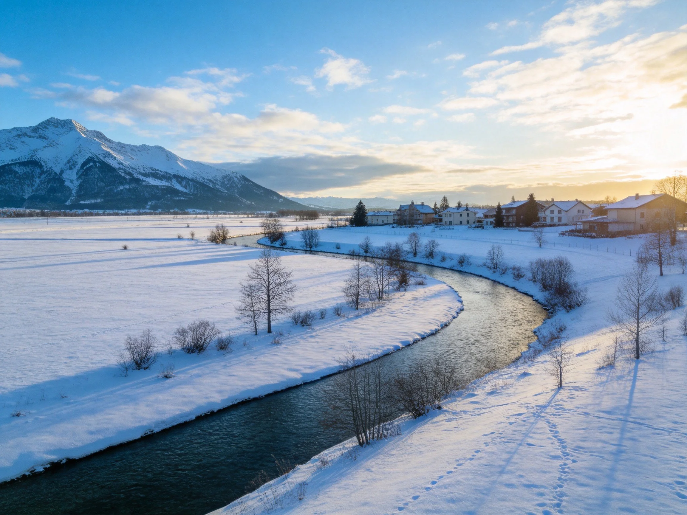 Snowy Valley with Curved River and Mountainous Backdrop