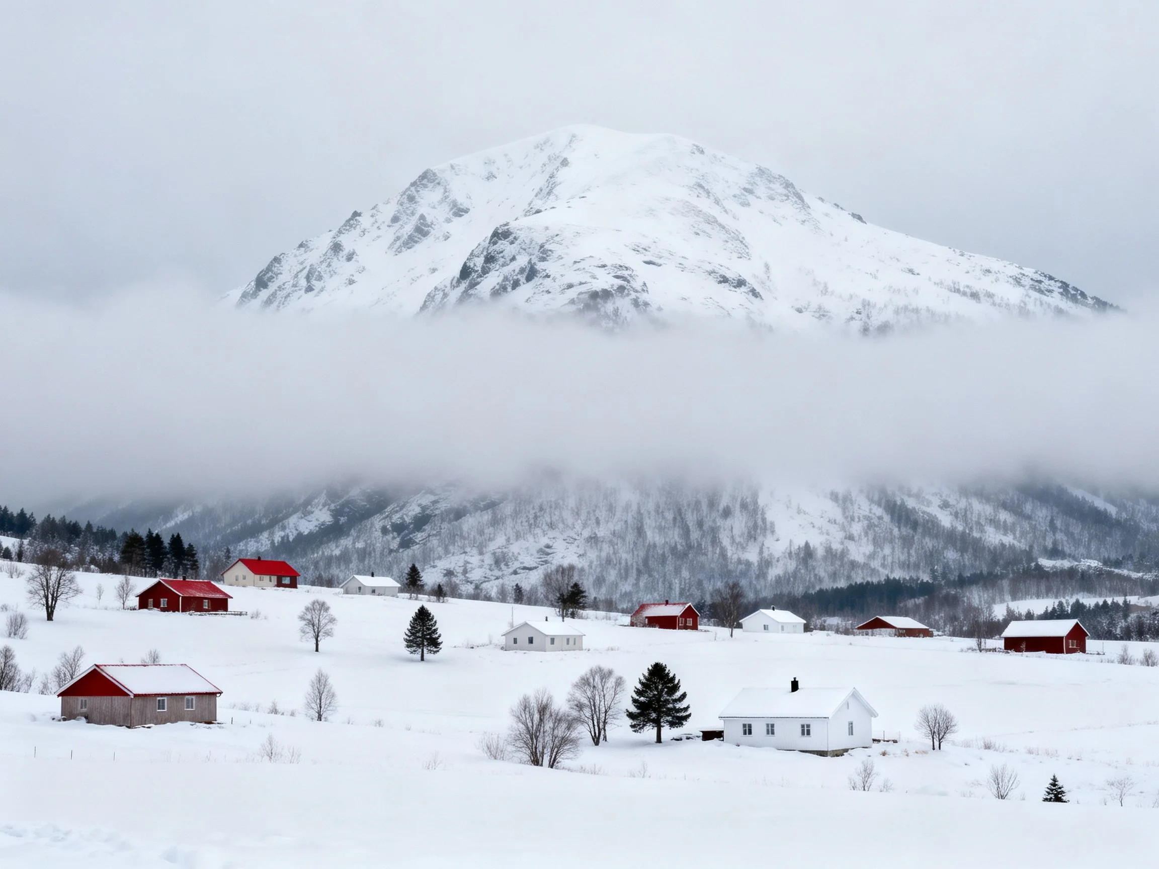 Snowy Village with Red Cabins Near Majestic Mountain