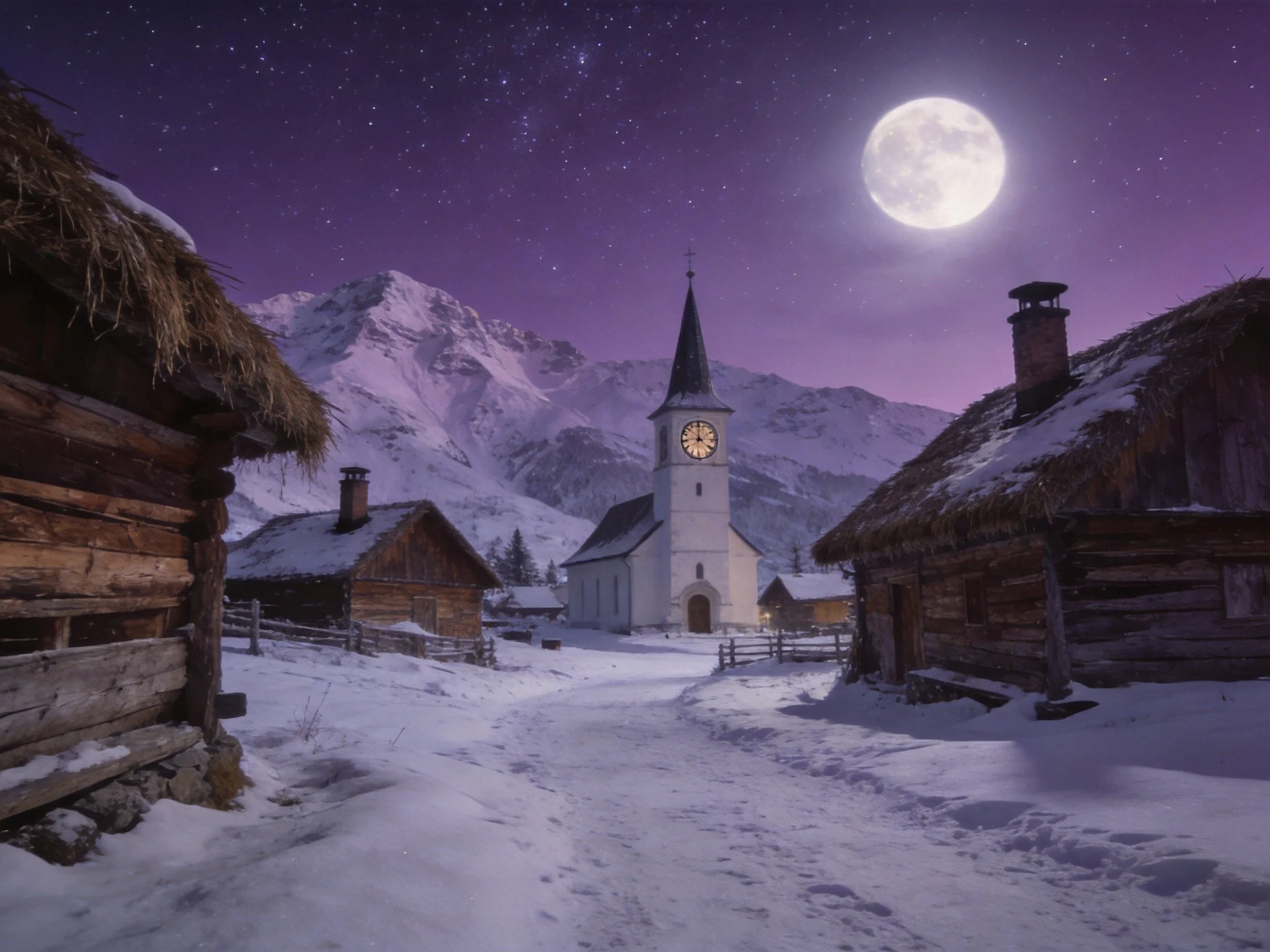 Snowy Village with Wooden Cabins, Clock Tower, and Mountain Backdrop