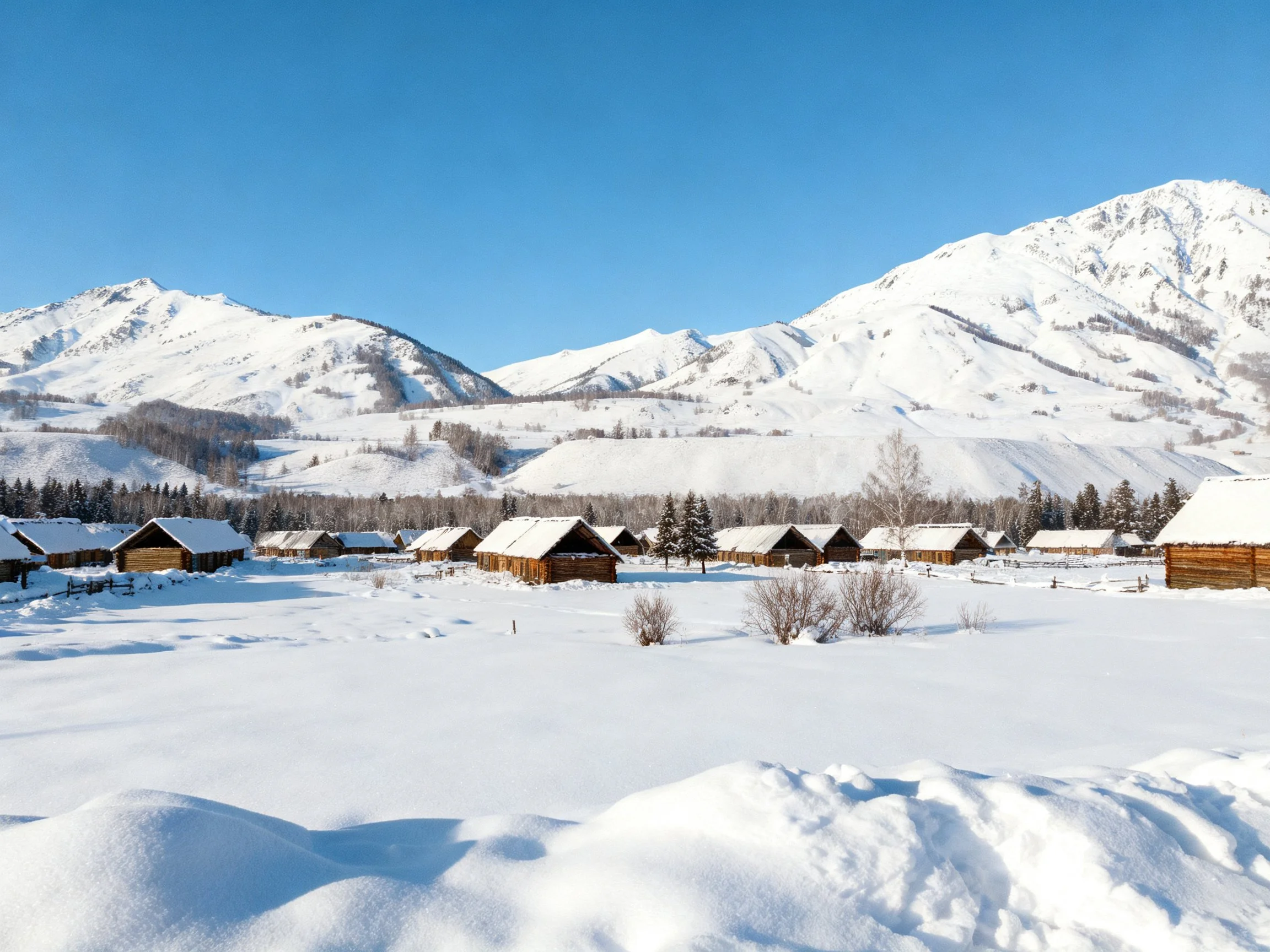 Snowy Village with Wooden Cabins Near Snow-Capped Mountains