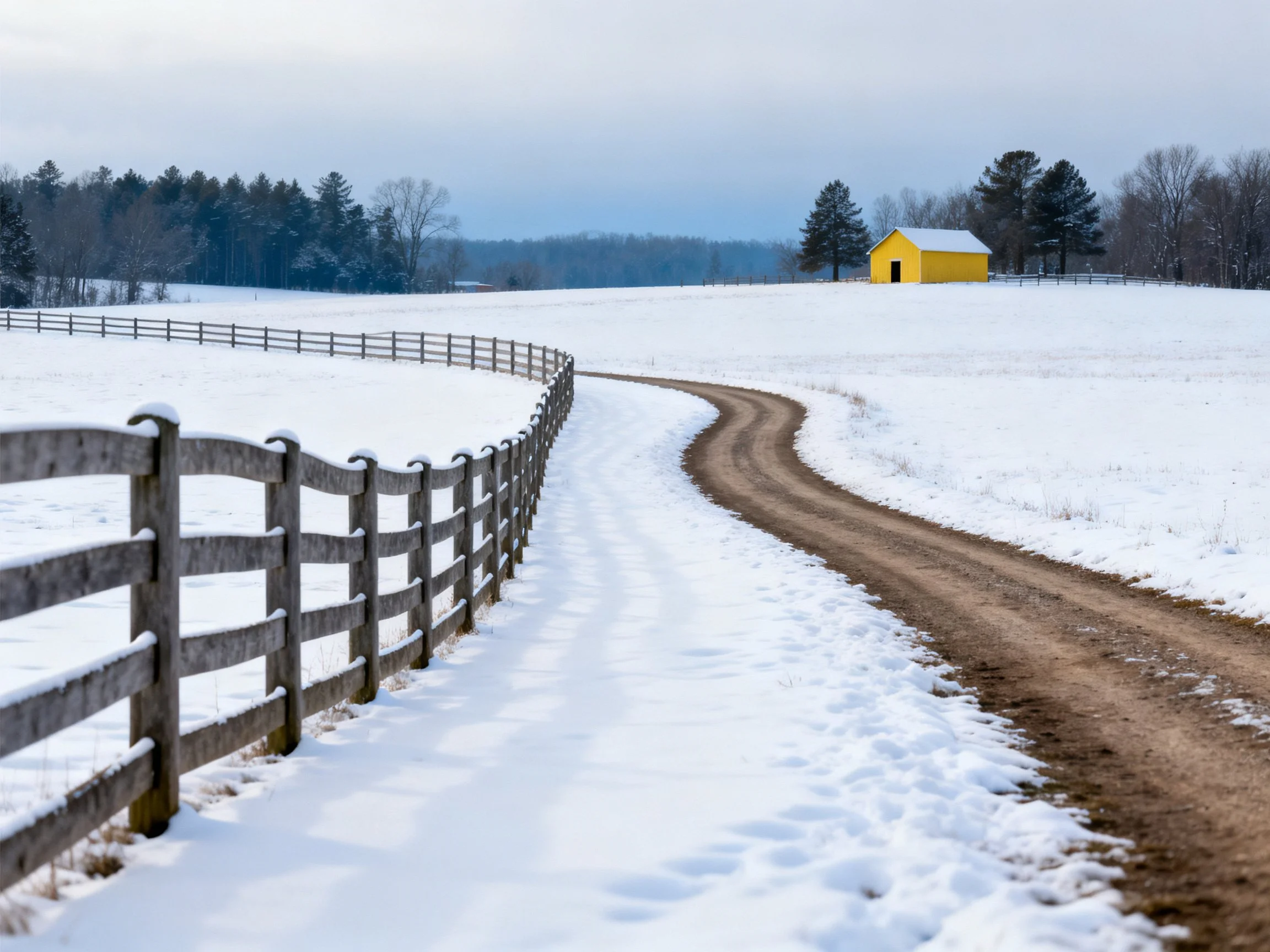 Snowy countryside with winding dirt road, wooden fence, and bright yellow house