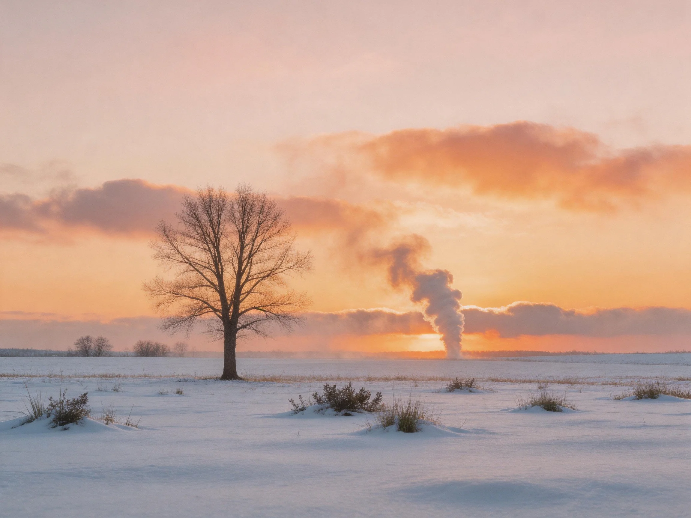 Snowy field with lone bare tree, orange sunset clouds, and distant smoke