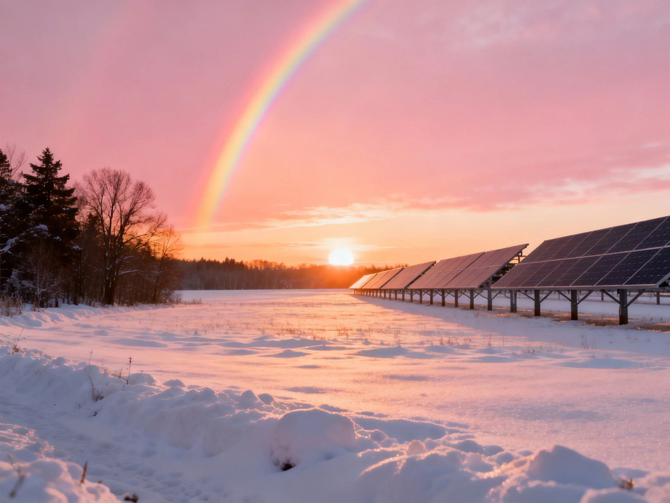 Snowy field with solar panels, rainbow, and pink sunset