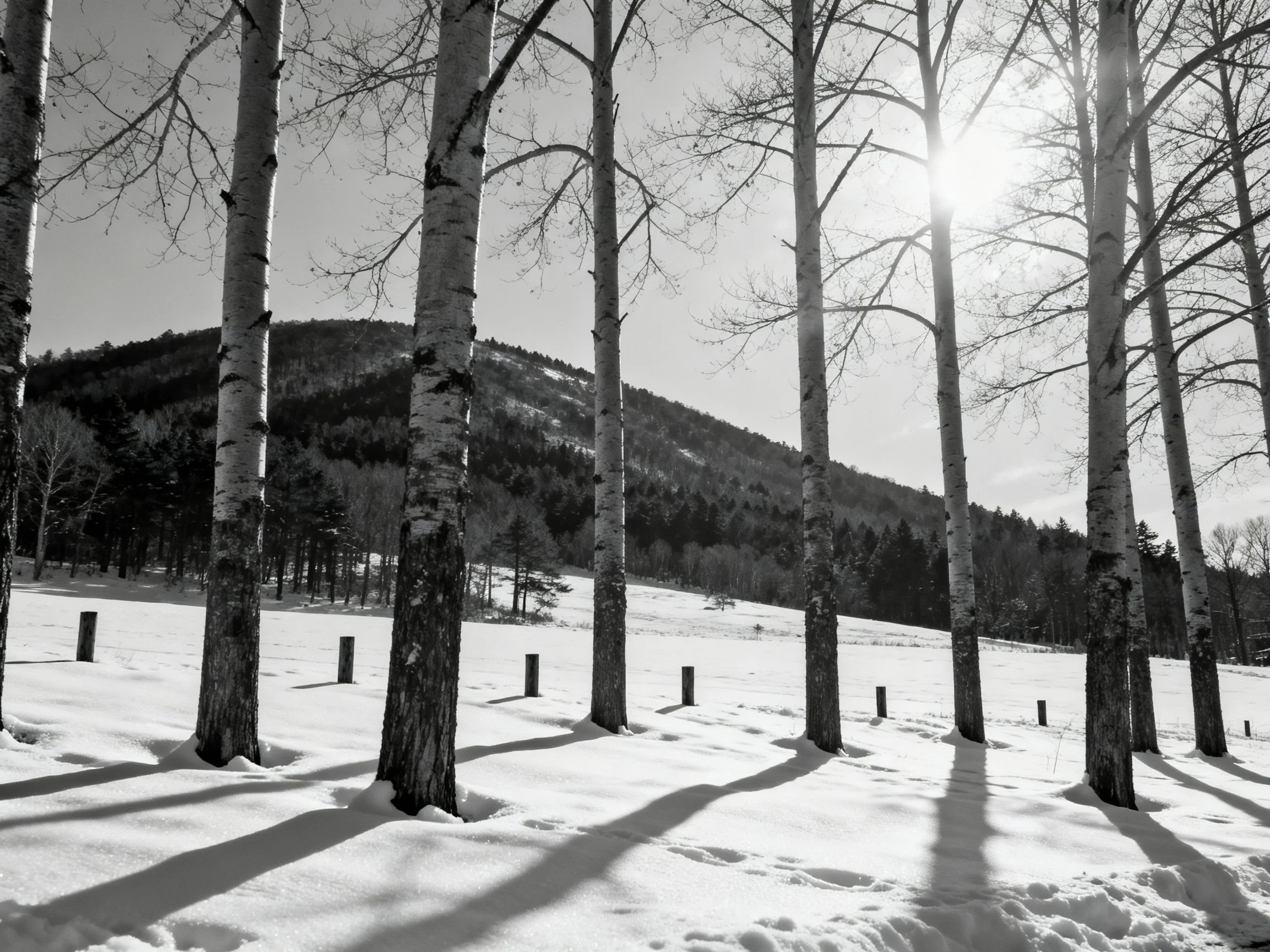 Snowy field with tall birch trees near forested mountain