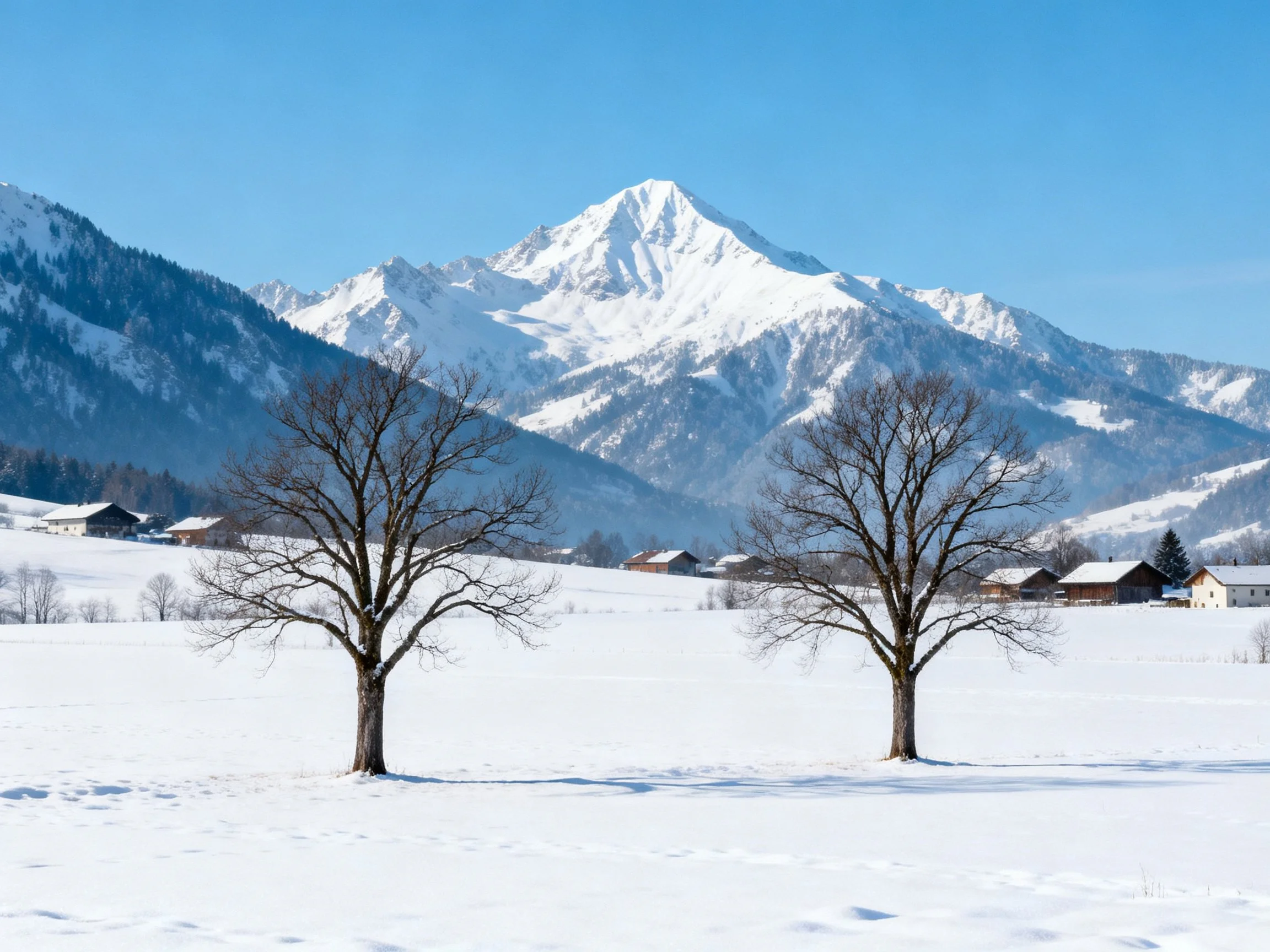 Snowy field with two bare trees, village homes, and snow-capped mountains