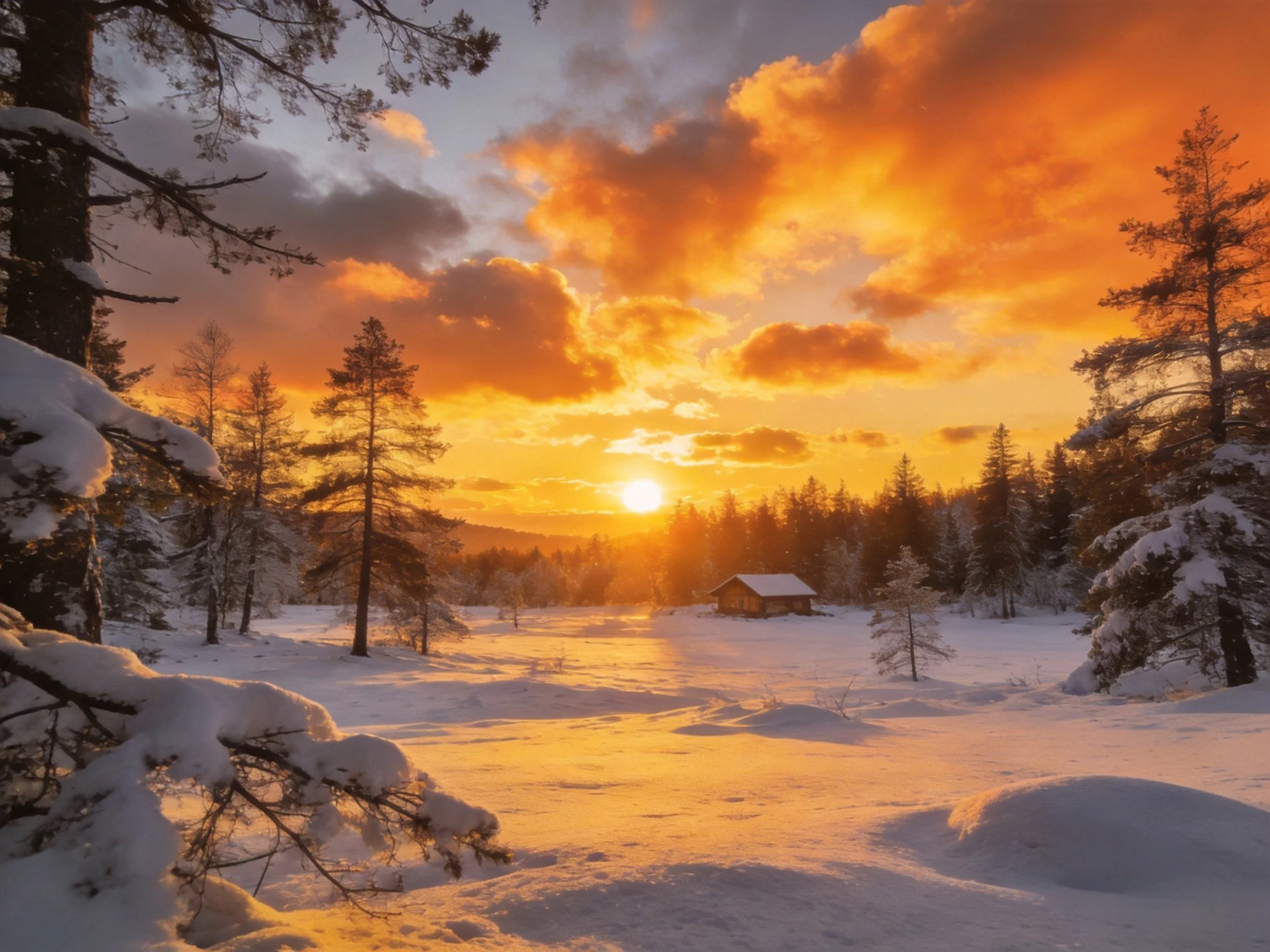 Snowy forest landscape with wooden cabin at sunset