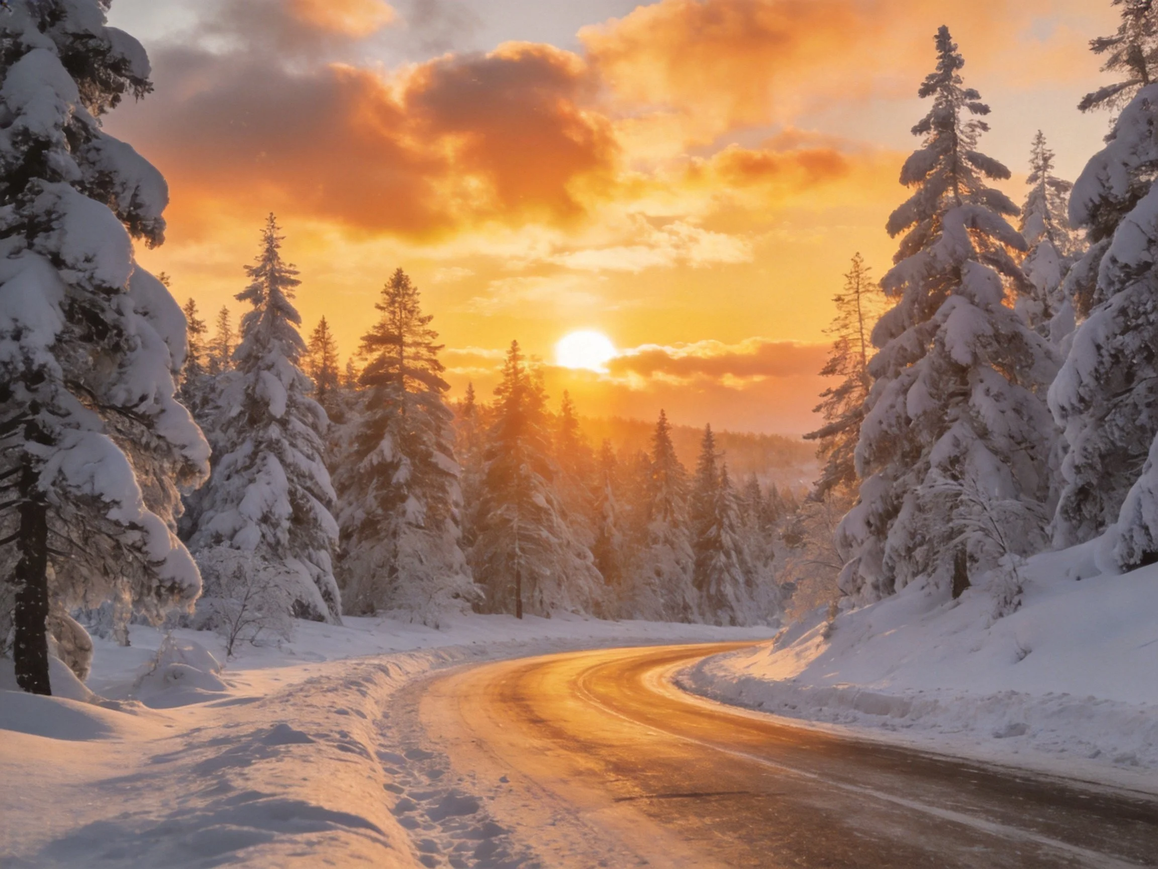 Snowy forest road at vibrant sunset