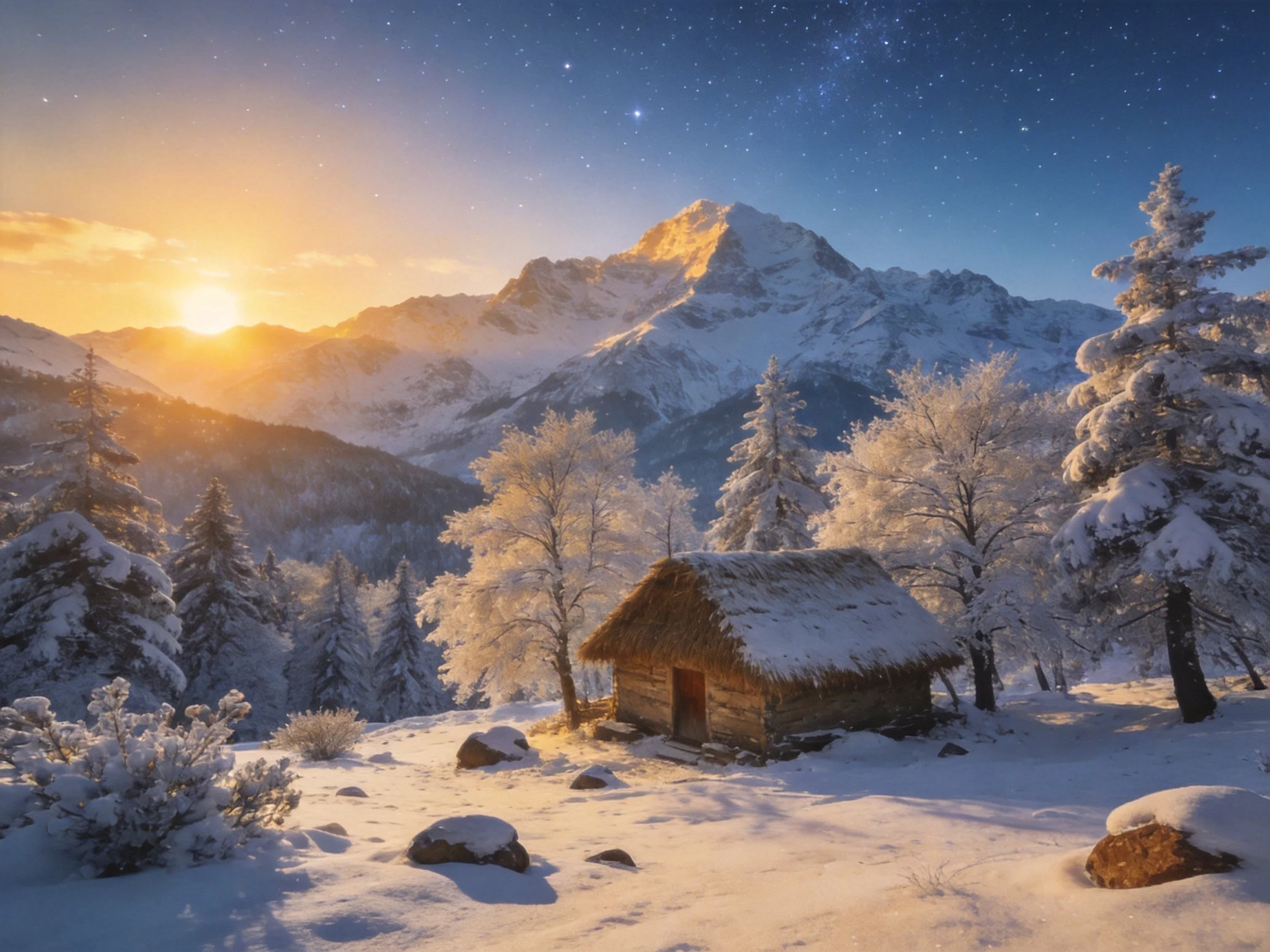Snowy forest with wooden cabin near illuminated mountain under starry sky