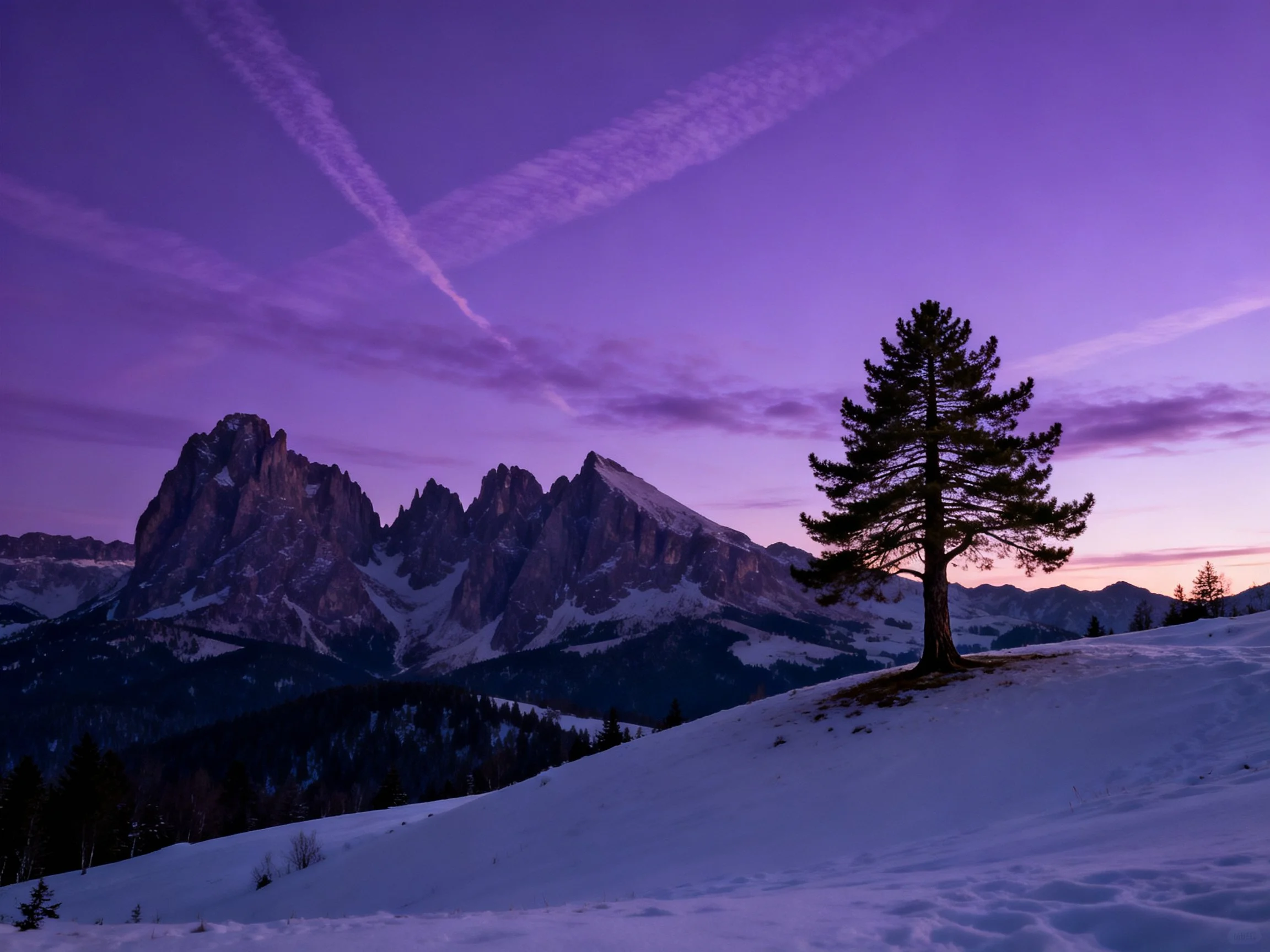 Snowy hillside with lone pine near jagged mountains under purple twilight sky
