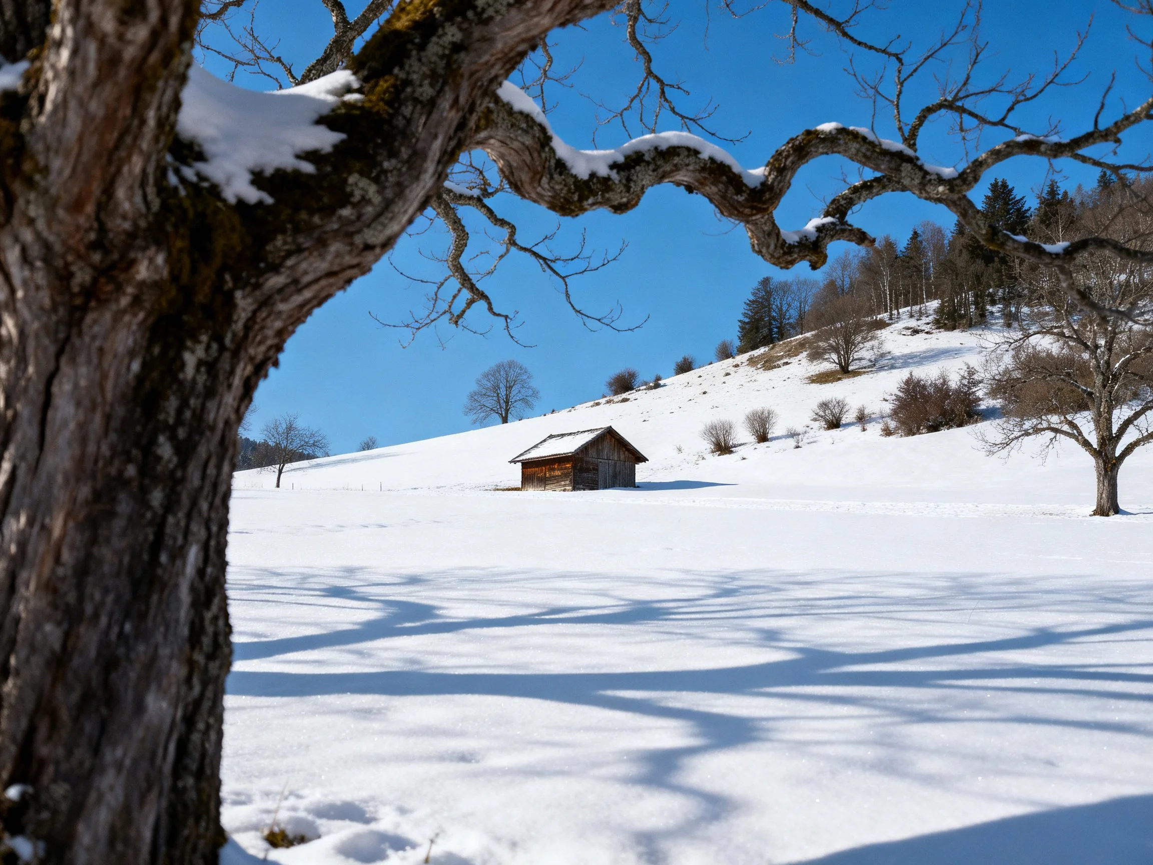 Snowy hillside with rustic cabin, bare trees, and clear blue sky
