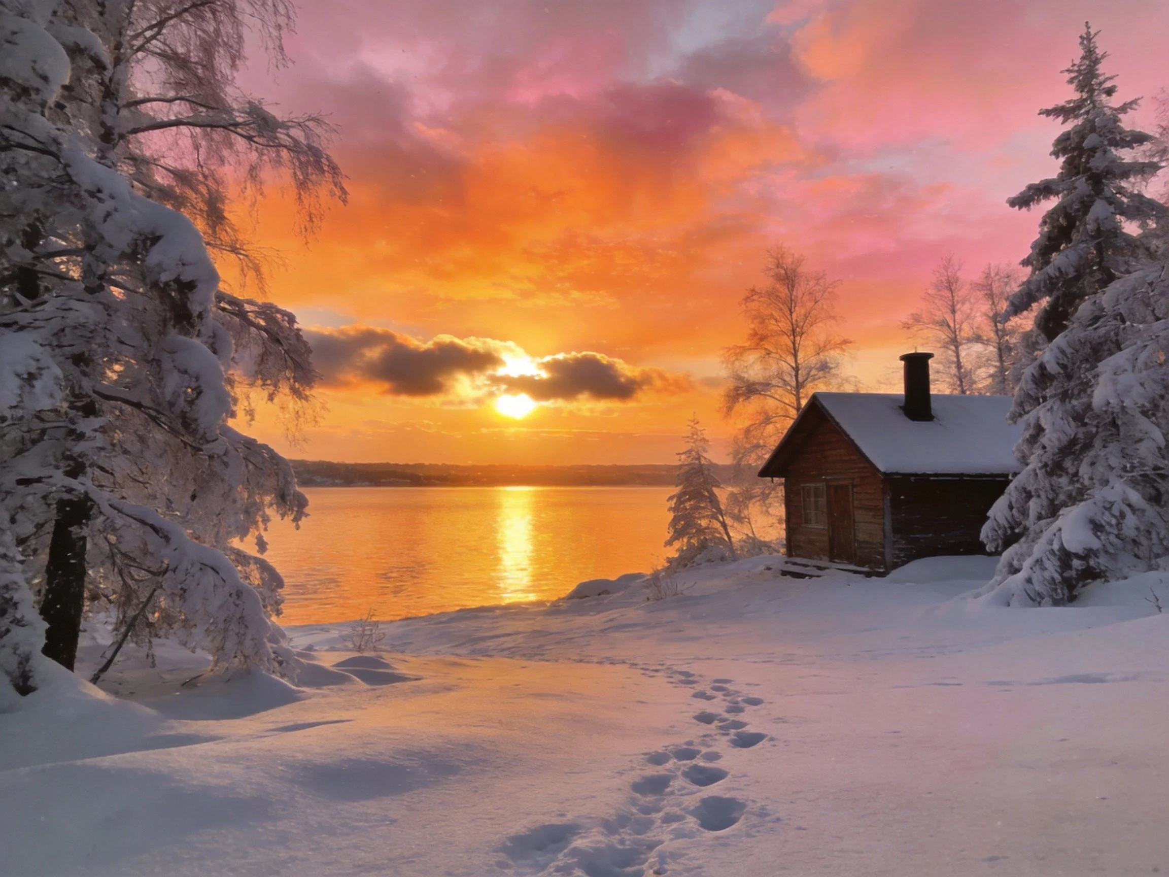 Snowy lakeside cabin under vibrant sunset sky
