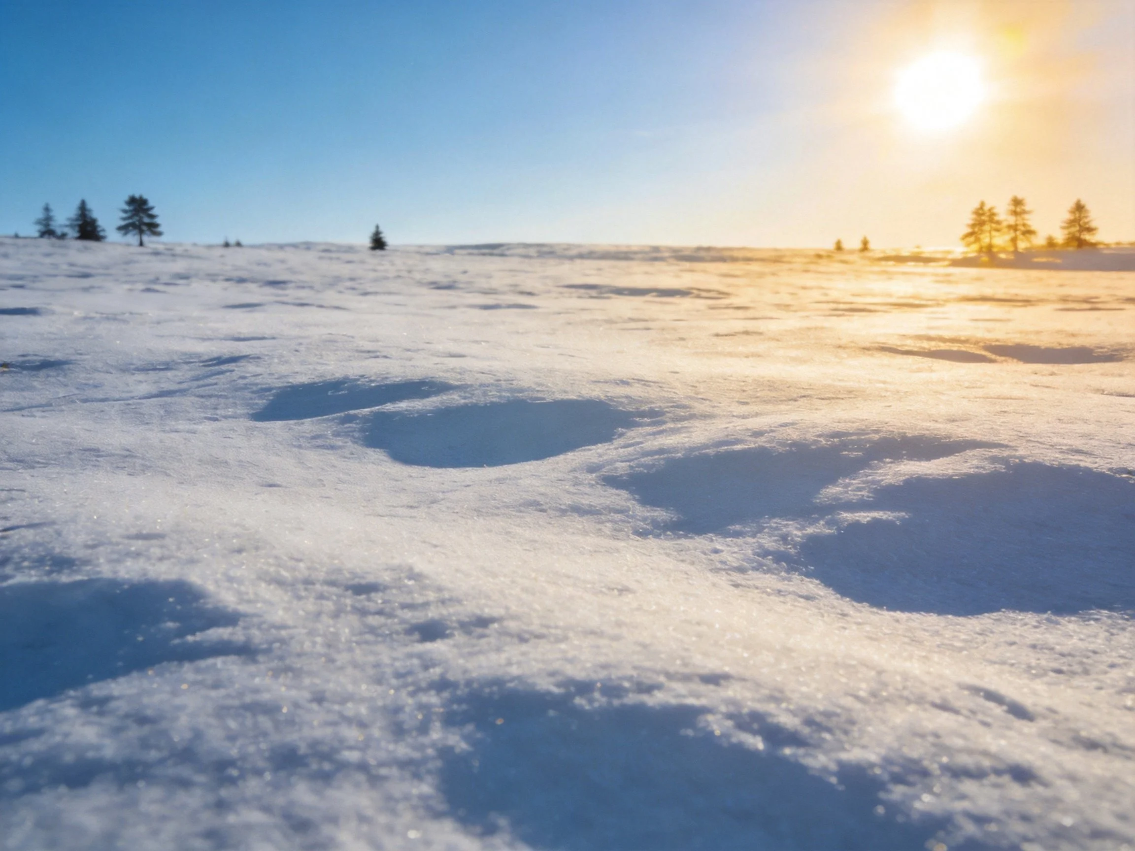 Snowy landscape with footprints, scattered trees, and golden sunlight