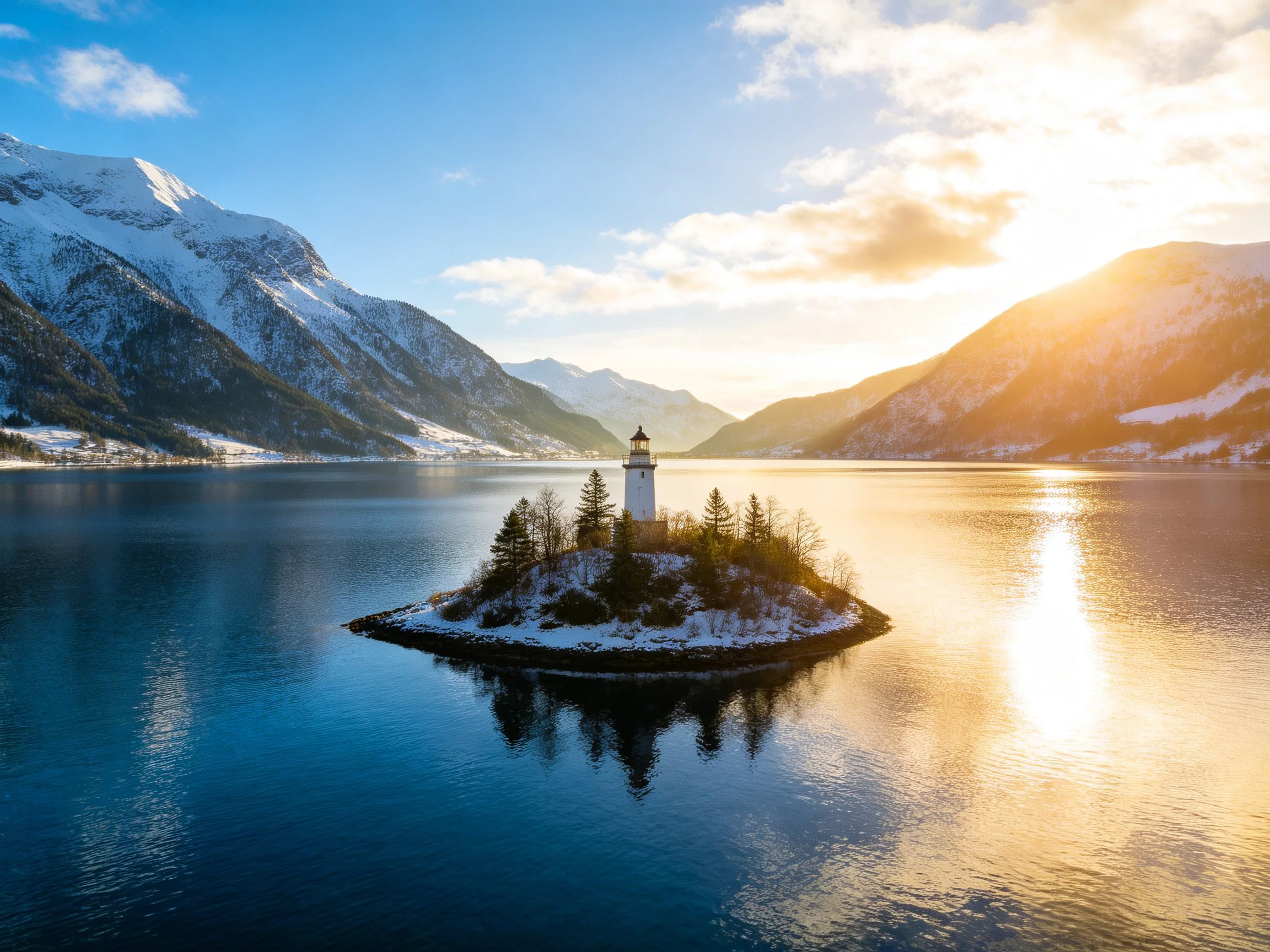 Snowy mountain lake with lighthouse island at golden hour