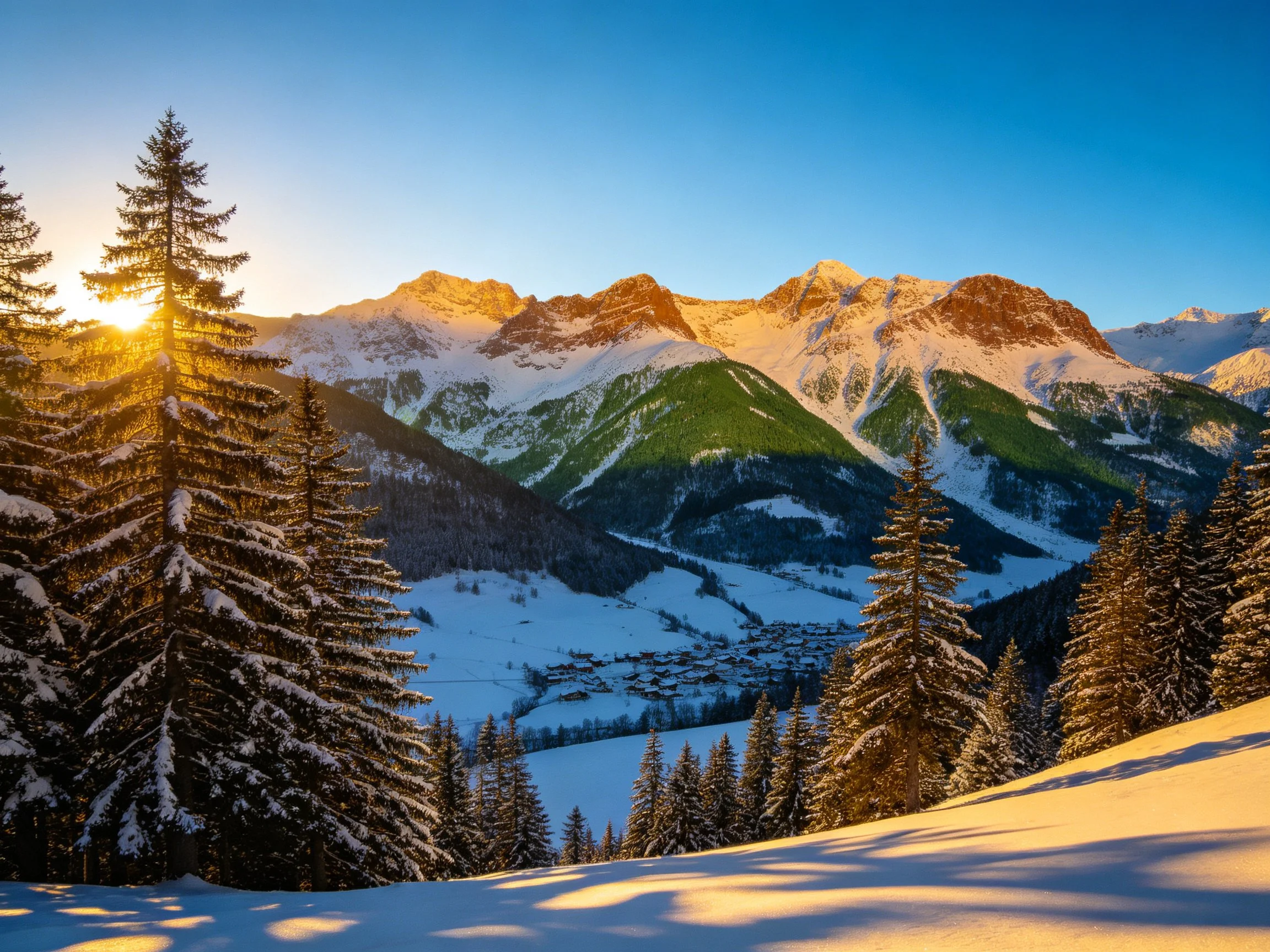 Snowy mountain landscape with golden sunlight and evergreen trees