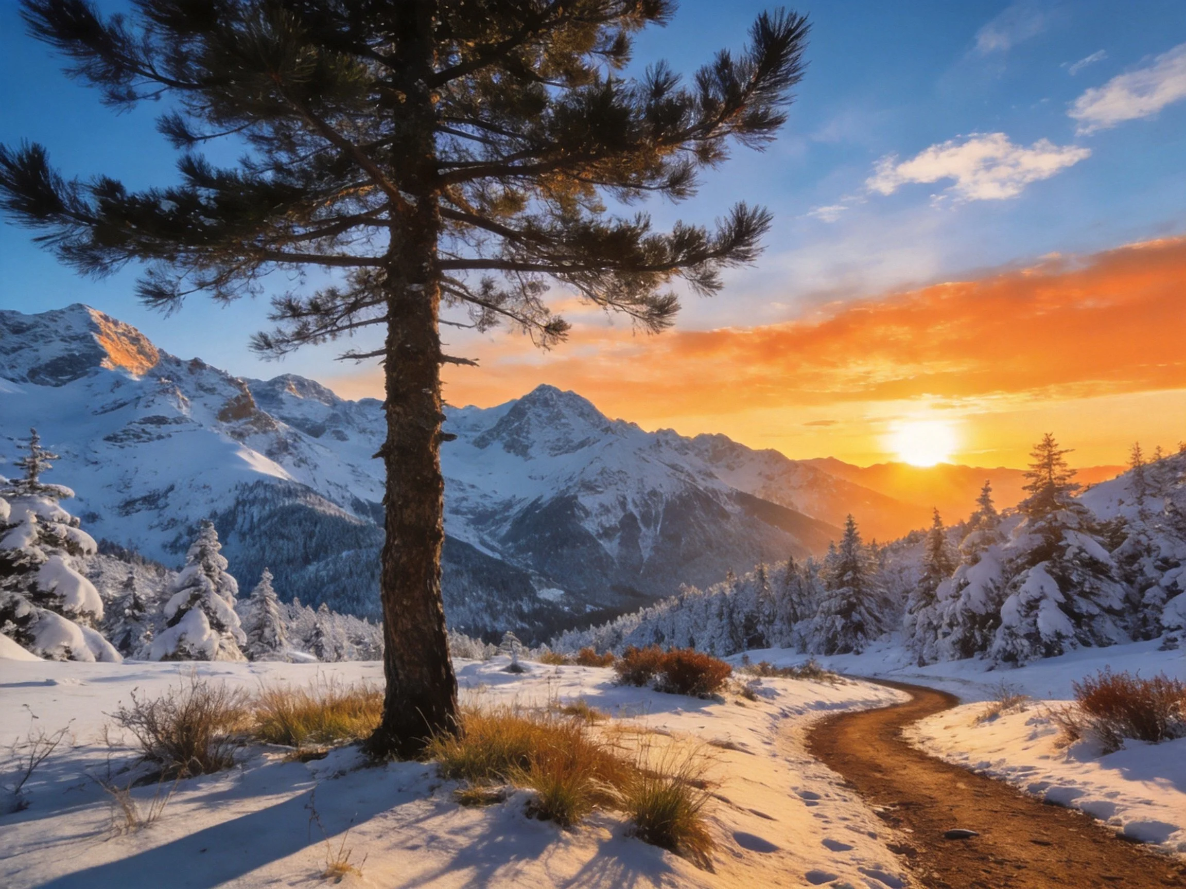 Snowy mountain landscape with pine trees and a sunset path
