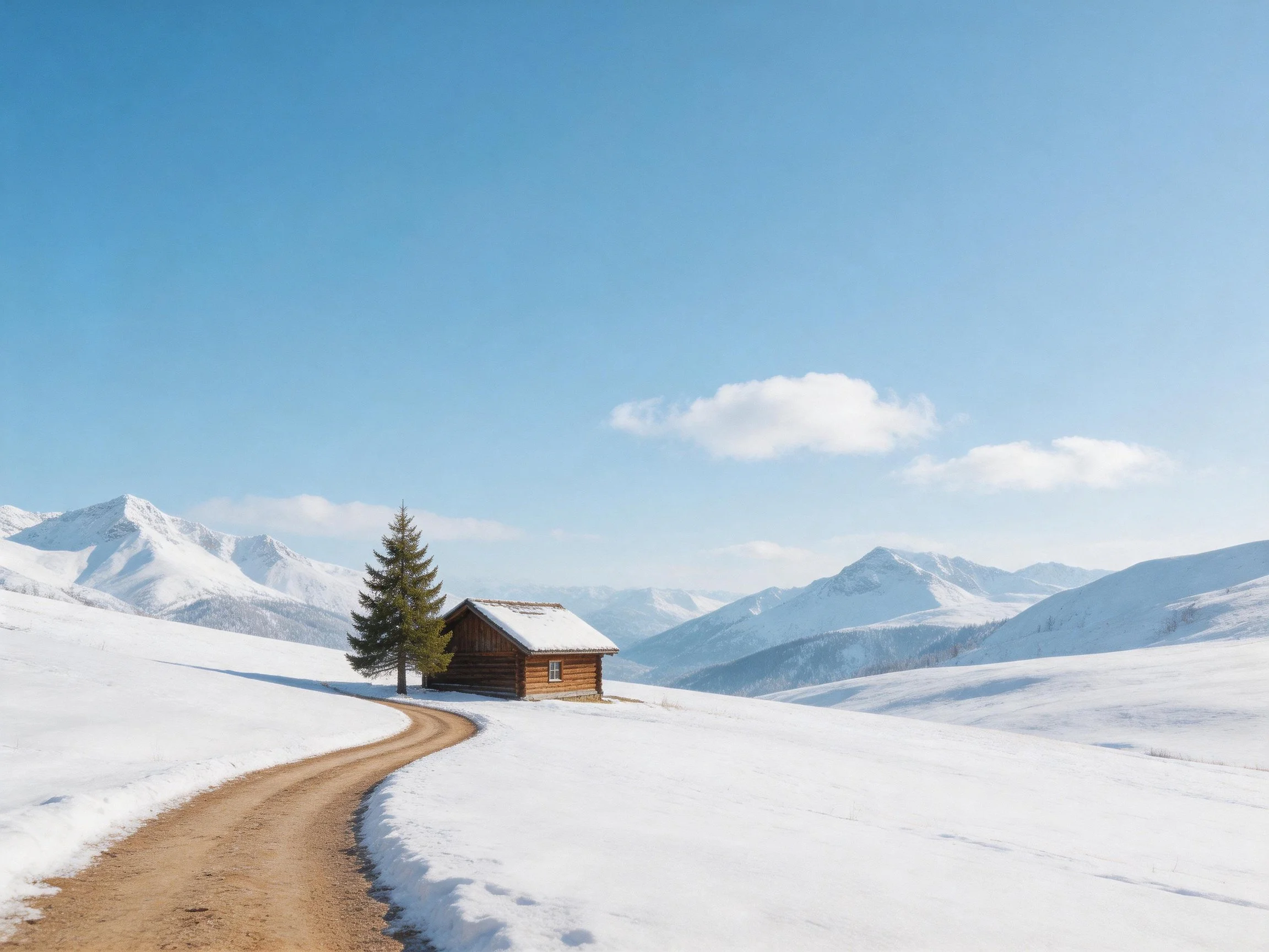 Snowy mountain landscape with wooden cabin, pine tree, and winding dirt path
