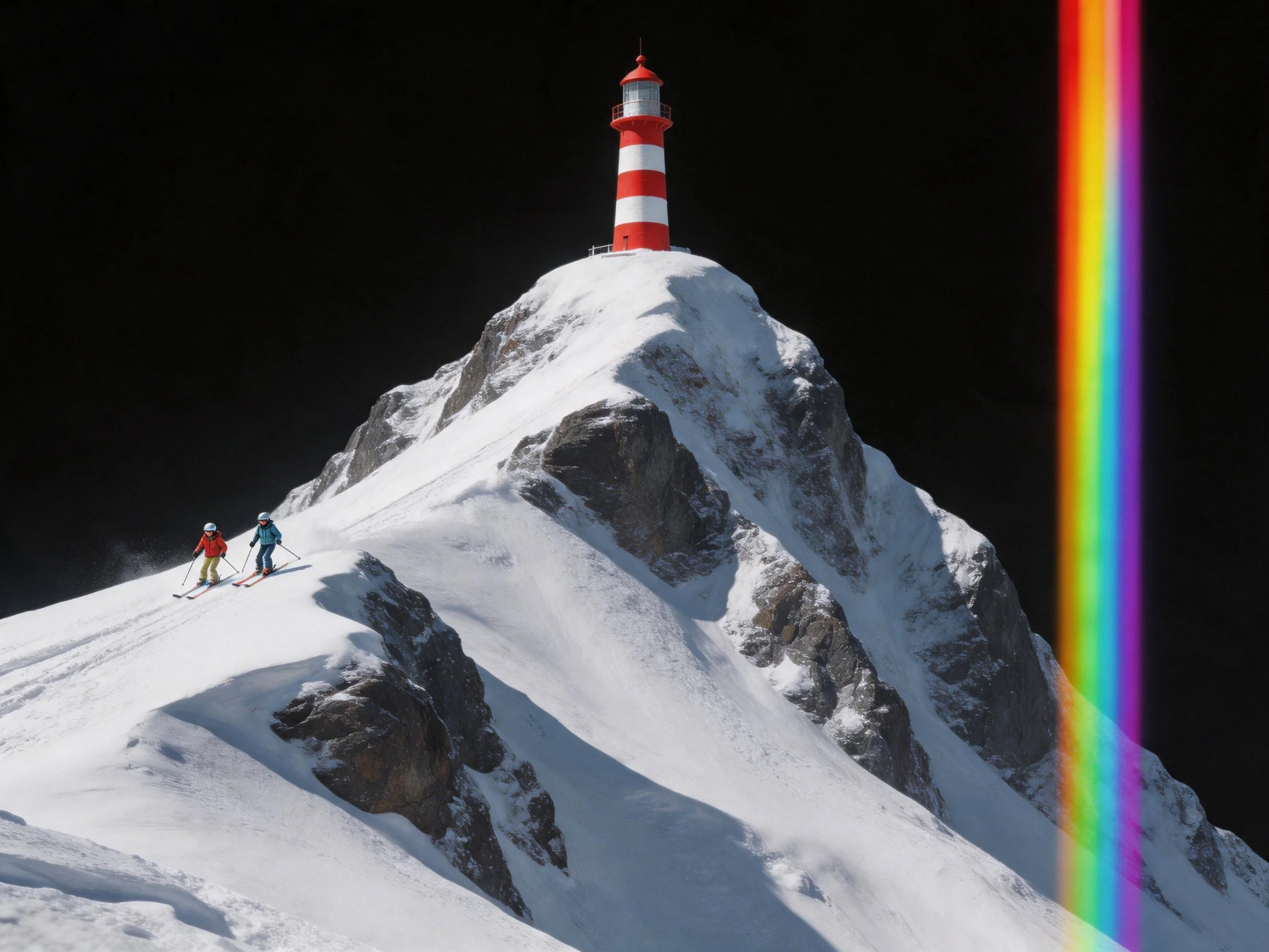Snowy mountain peak with two skiers, red/white lighthouse, and rainbow streak