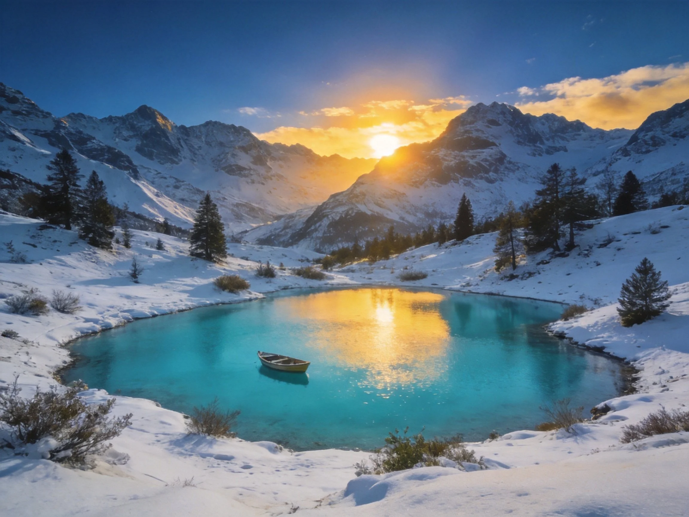 Snowy mountain peaks encircle a turquoise lake with a boat at sunset