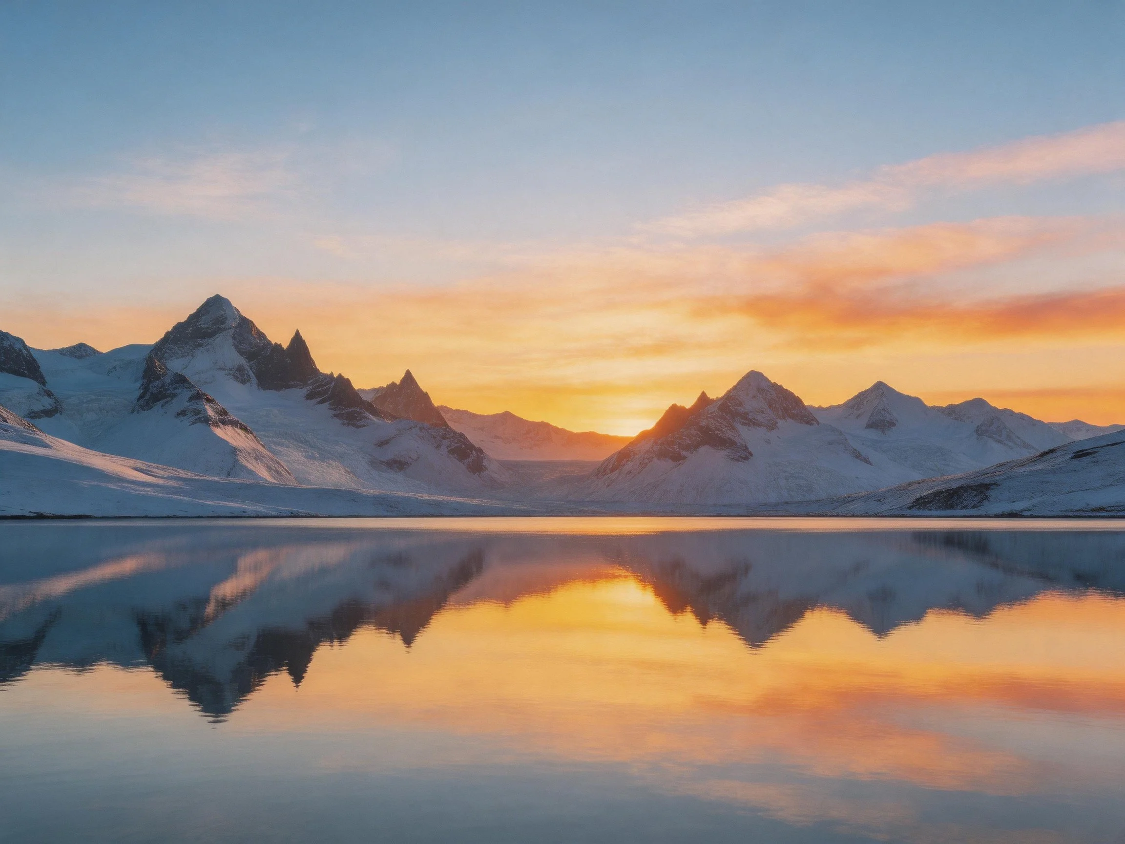 Snowy mountain peaks reflect in tranquil lake during sunset