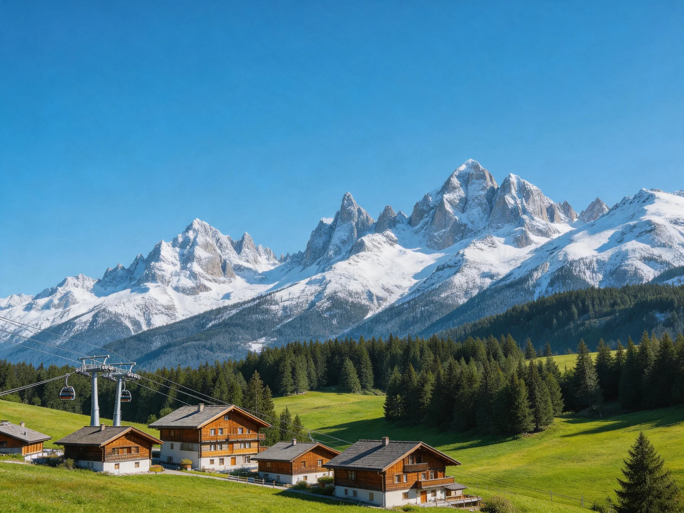 Snowy mountain peaks tower over rustic wooden chalets and green meadows