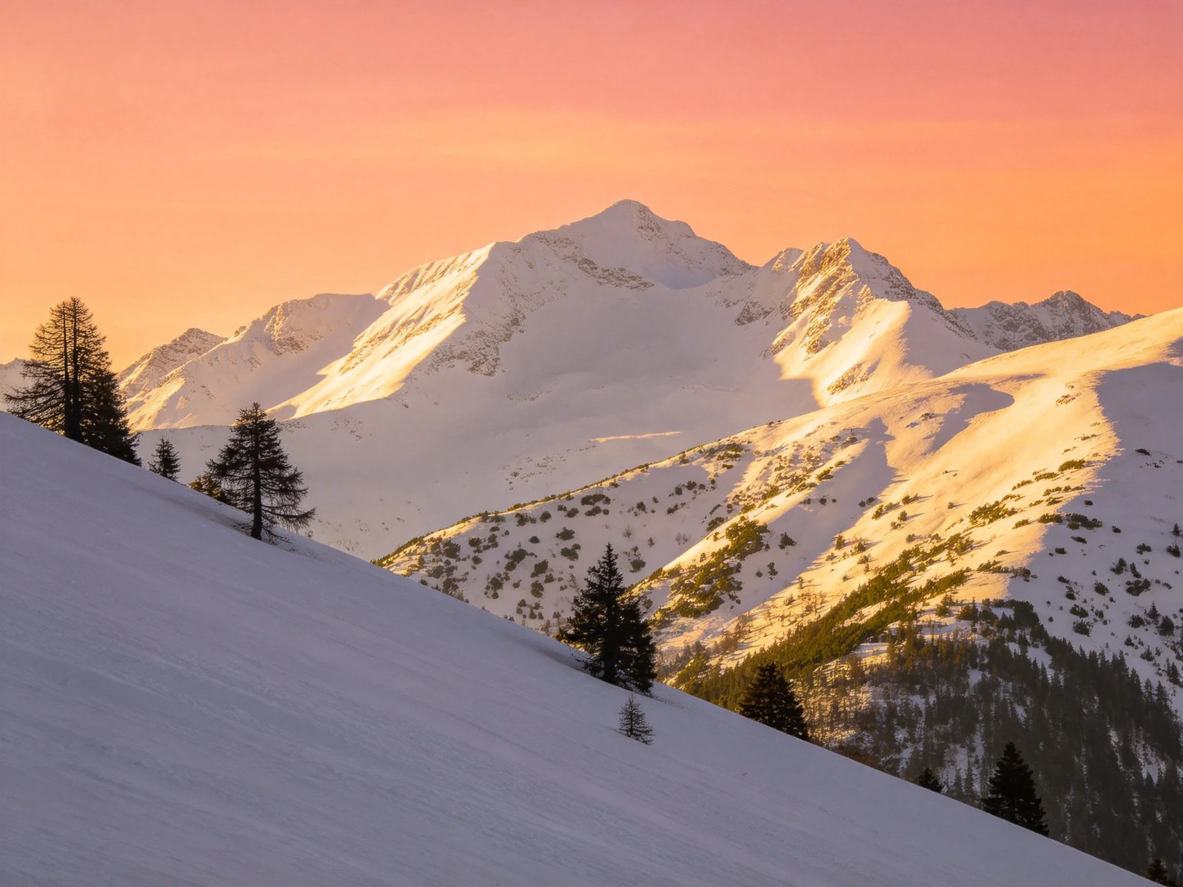 Snowy mountain peaks under vibrant sunset with scattered pines