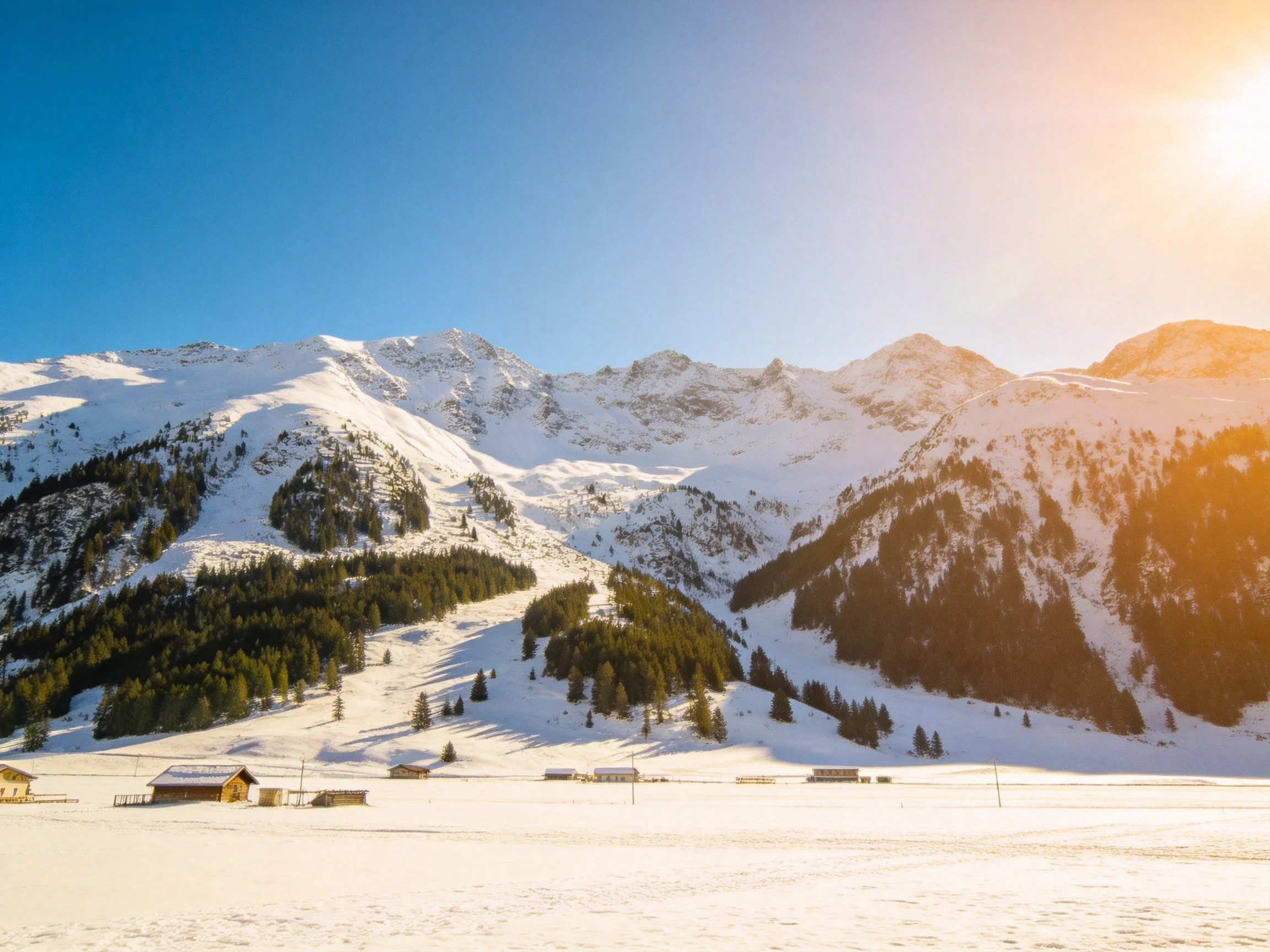 Snowy mountain peaks with green forests and wooden cabins under sunny sky