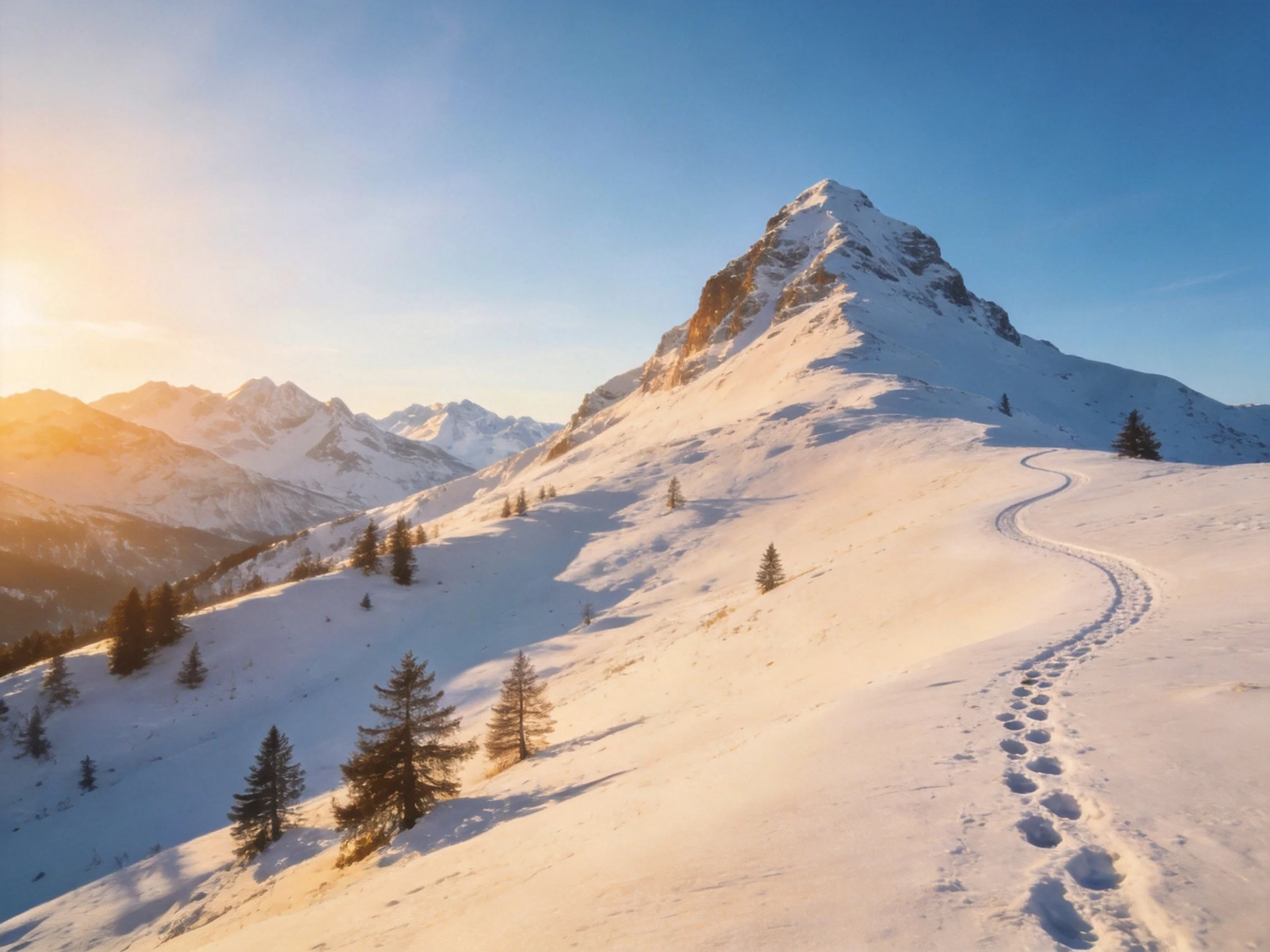Snowy mountain slope with footprints, scattered pine trees, and clear blue sky