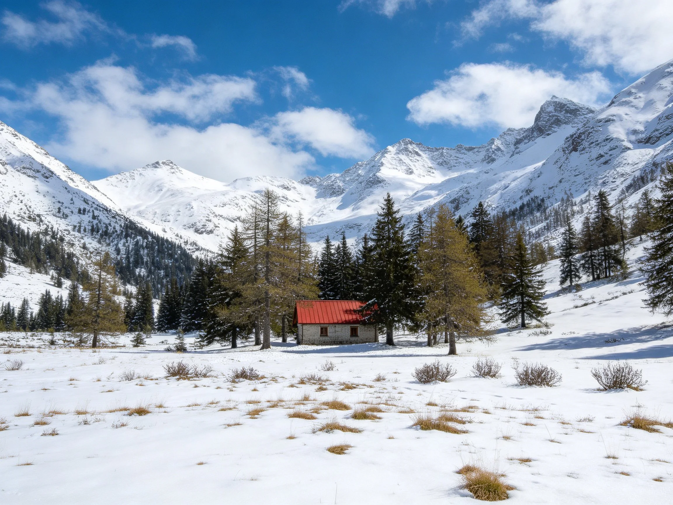 Snowy mountain valley with red-roofed cabin and pine trees